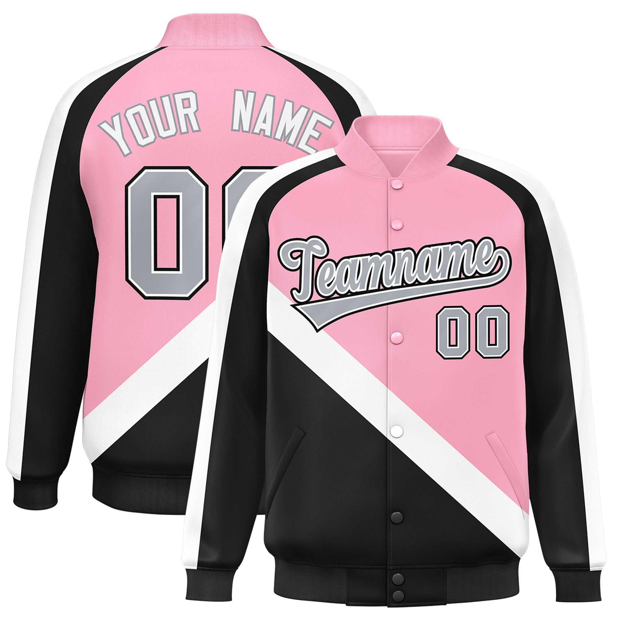 Custom Light Pink Black Raglan Sleeves Varsity Full-Snap Letterman Baseball Jacket