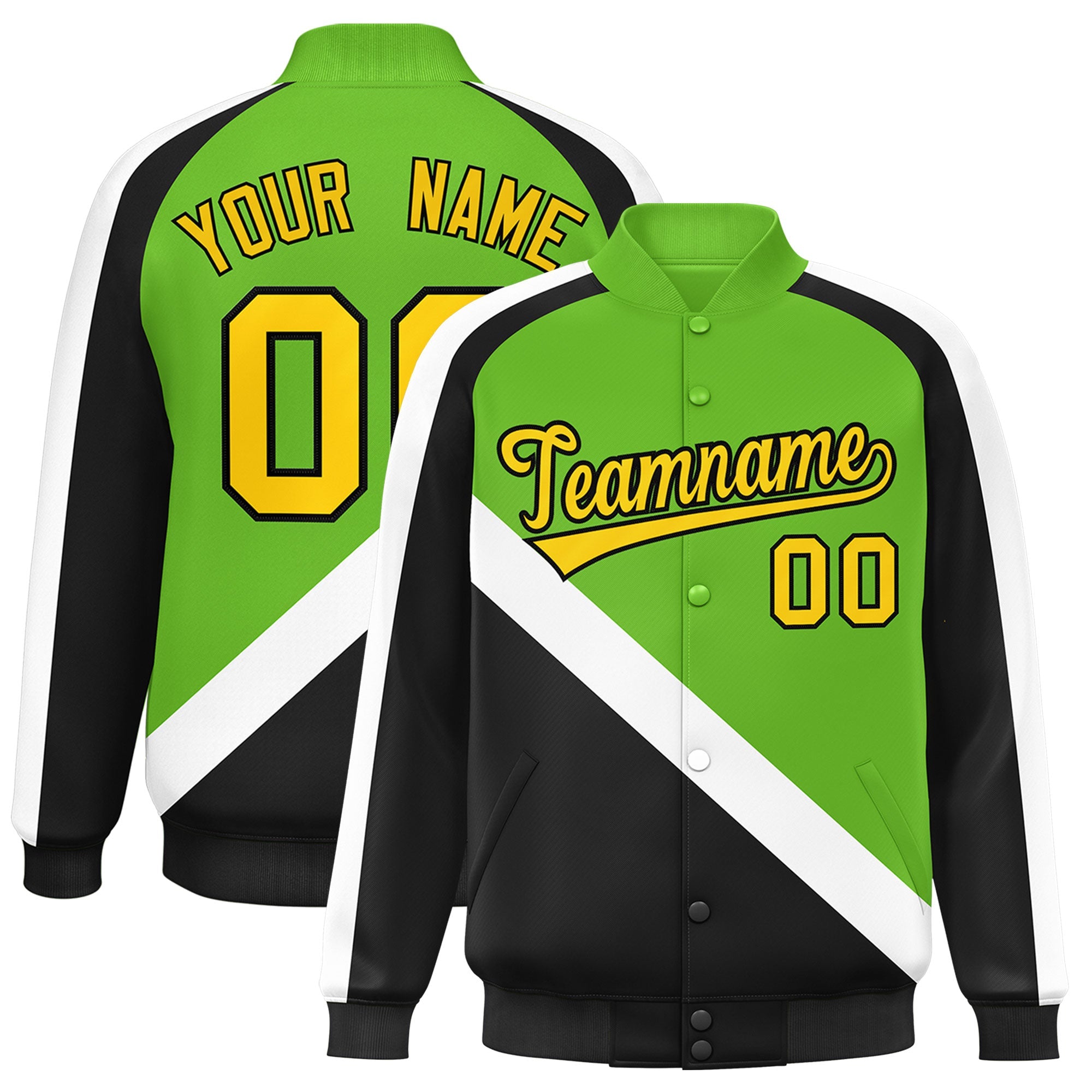 Custom Green Black Raglan Sleeves Varsity Full-Snap Letterman Baseball Jacket