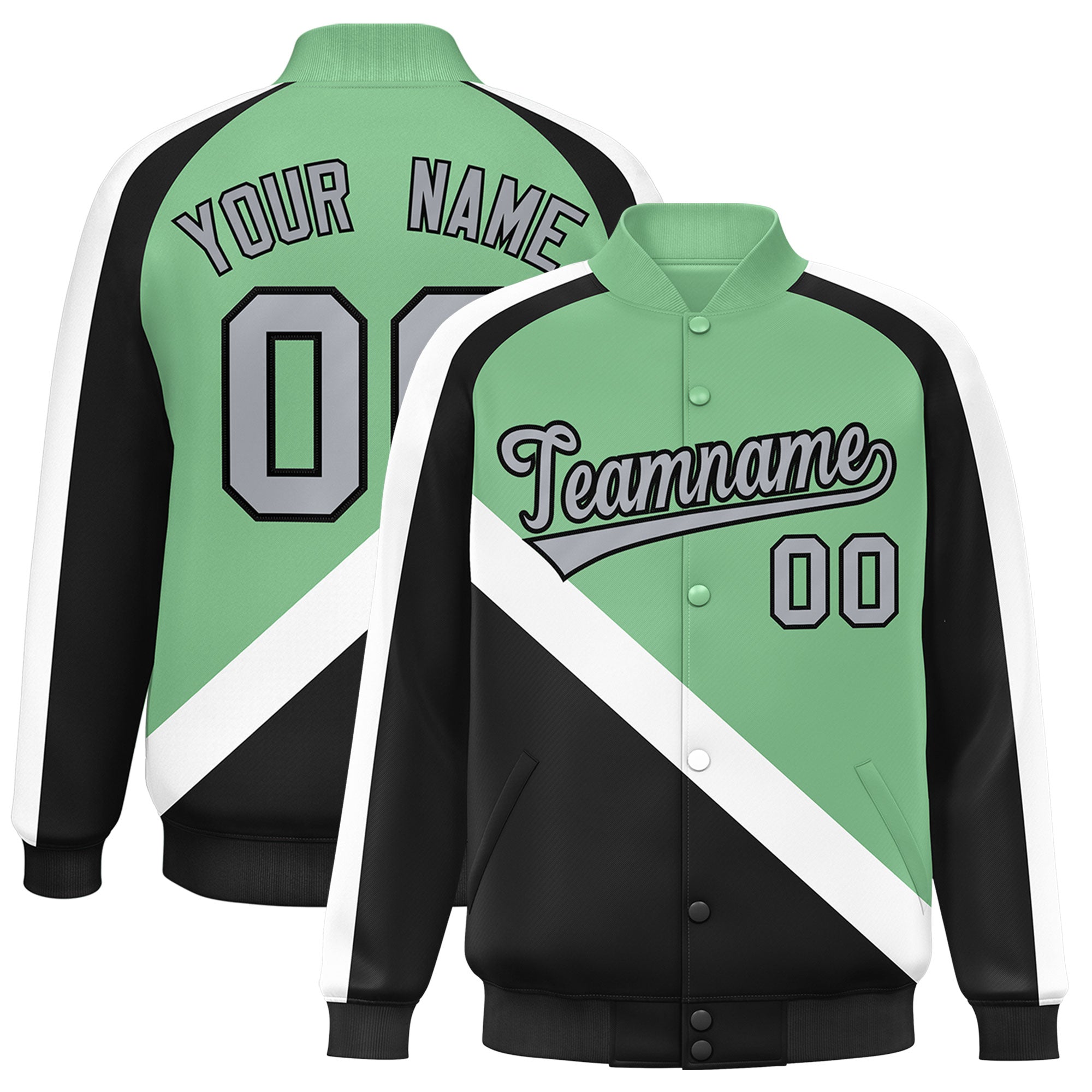 Custom Green Black Raglan Sleeves Varsity Full-Snap Letterman Baseball Jacket