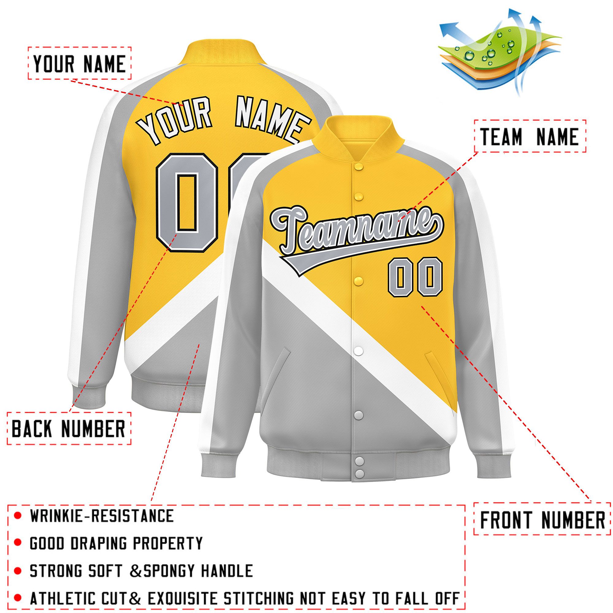 Custom Gold Gray Raglan Sleeves Varsity Full-Snap Letterman Baseball Jacket