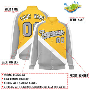 Custom Gold Gray Raglan Sleeves Varsity Full-Snap Letterman Baseball Jacket