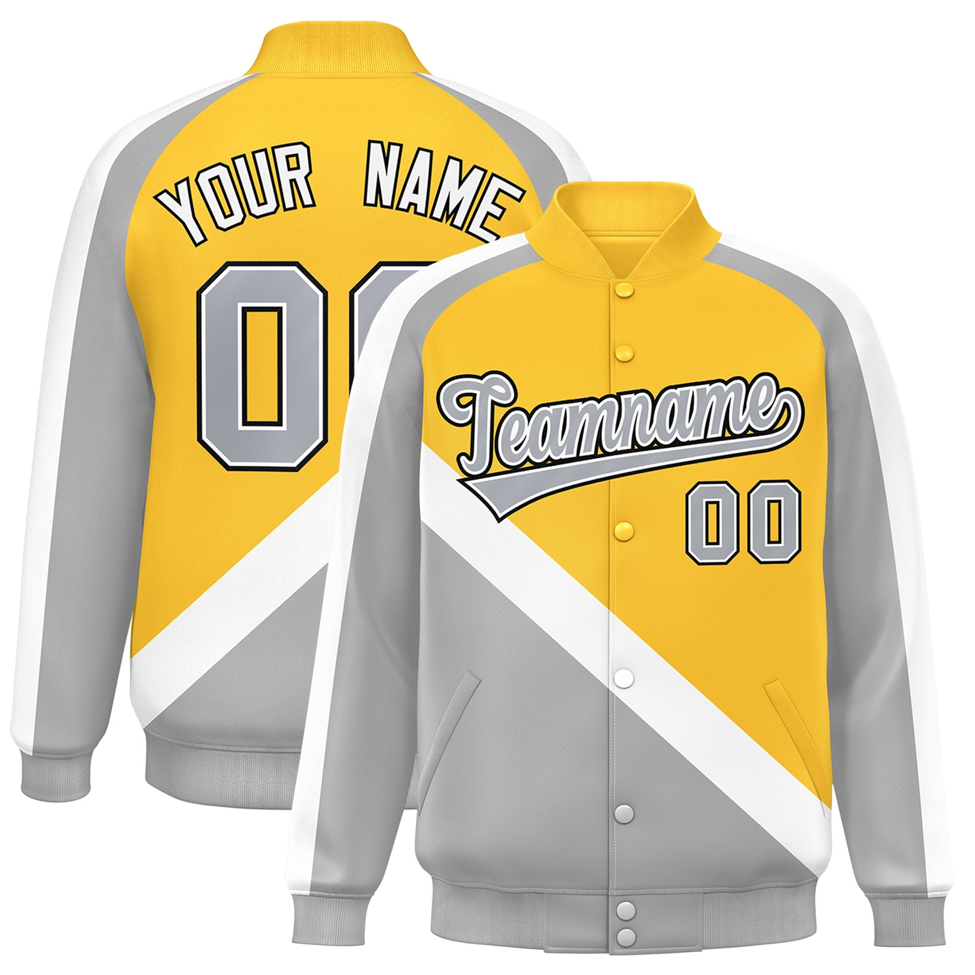 Custom Gold Gray Raglan Sleeves Varsity Full-Snap Letterman Baseball Jacket