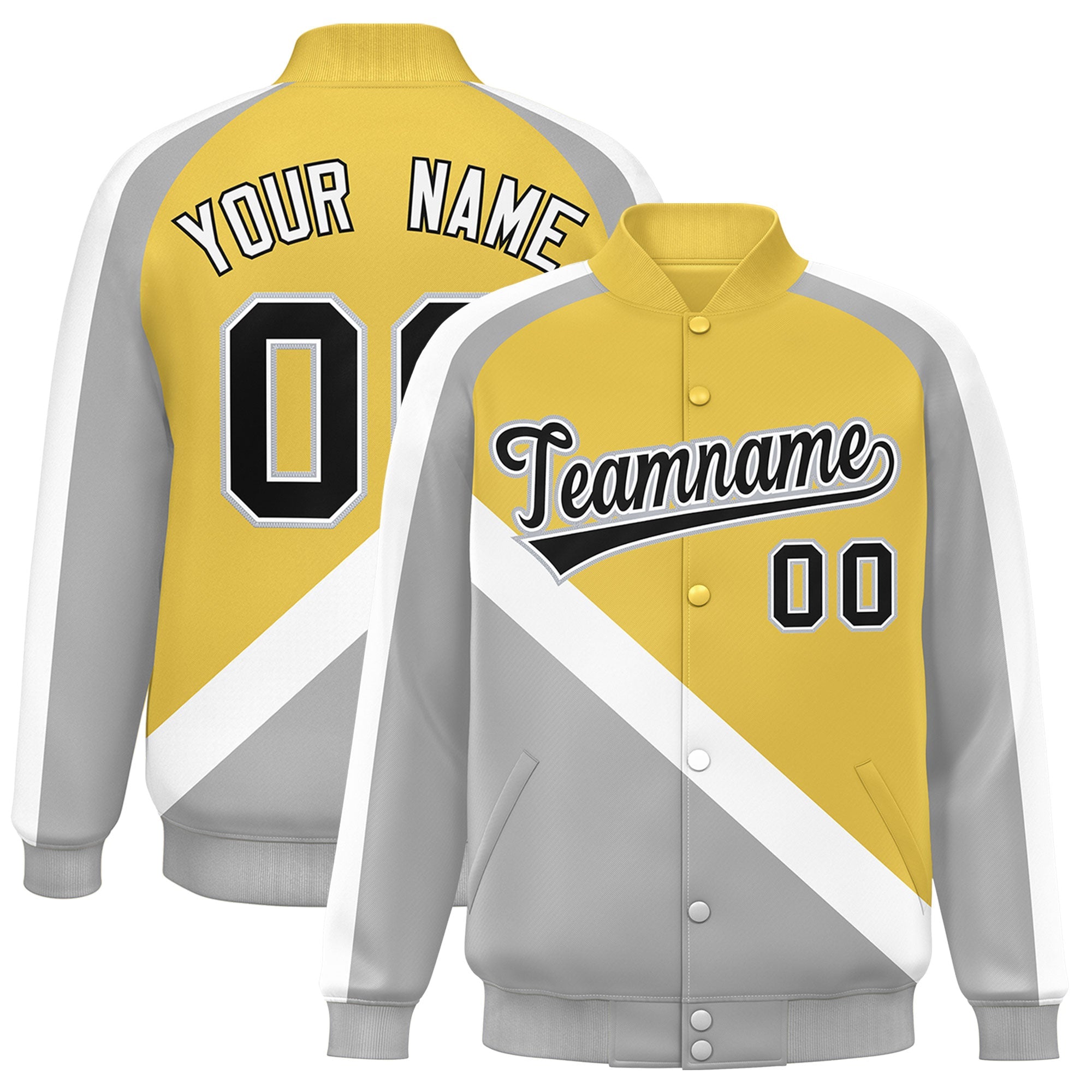 Custom Old Gold Gray Raglan Sleeves Varsity Full-Snap Letterman Baseball Jacket