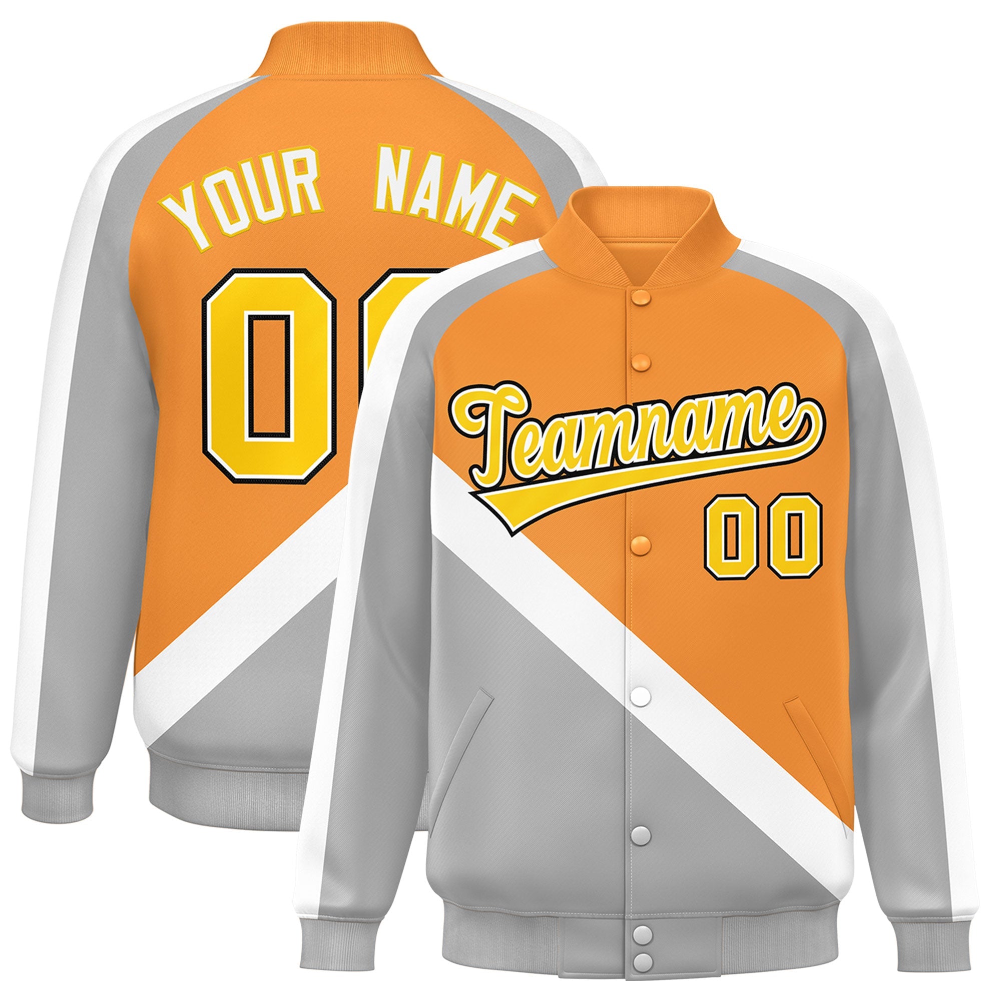 Custom Orange Gray Raglan Sleeves Varsity Full-Snap Letterman Baseball Jacket