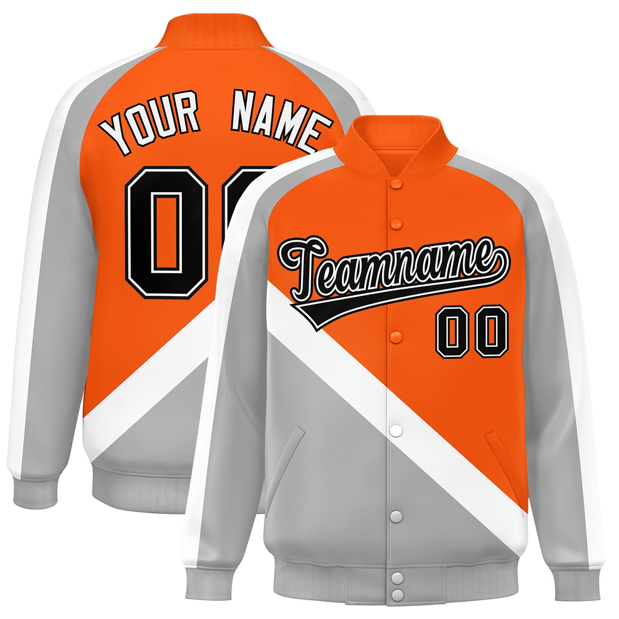 Custom Orange Gray Raglan Sleeves Varsity Full-Snap Letterman Baseball Jacket