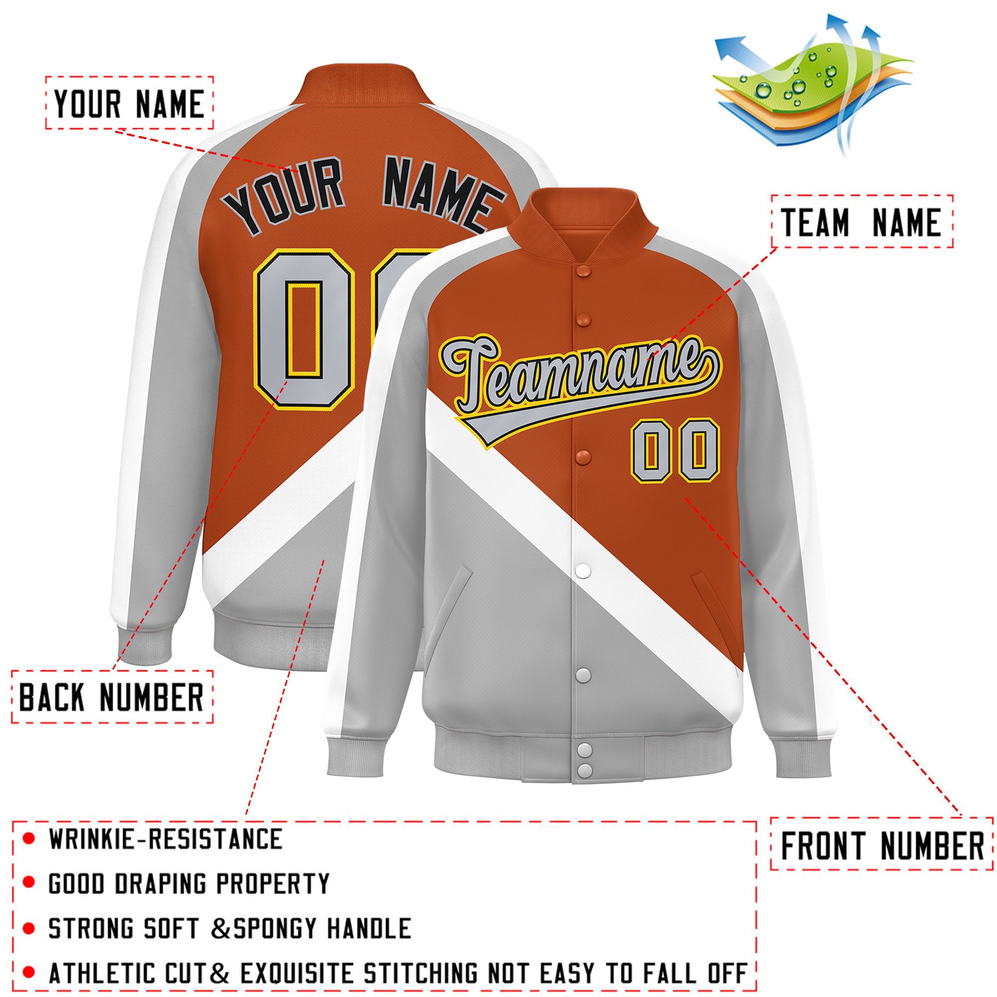 Custom Texas Orange Gray Raglan Sleeves Varsity Full-Snap Letterman Baseball Jacket