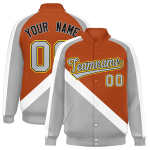 Custom Texas Orange Gray Raglan Sleeves Varsity Full-Snap Letterman Baseball Jacket