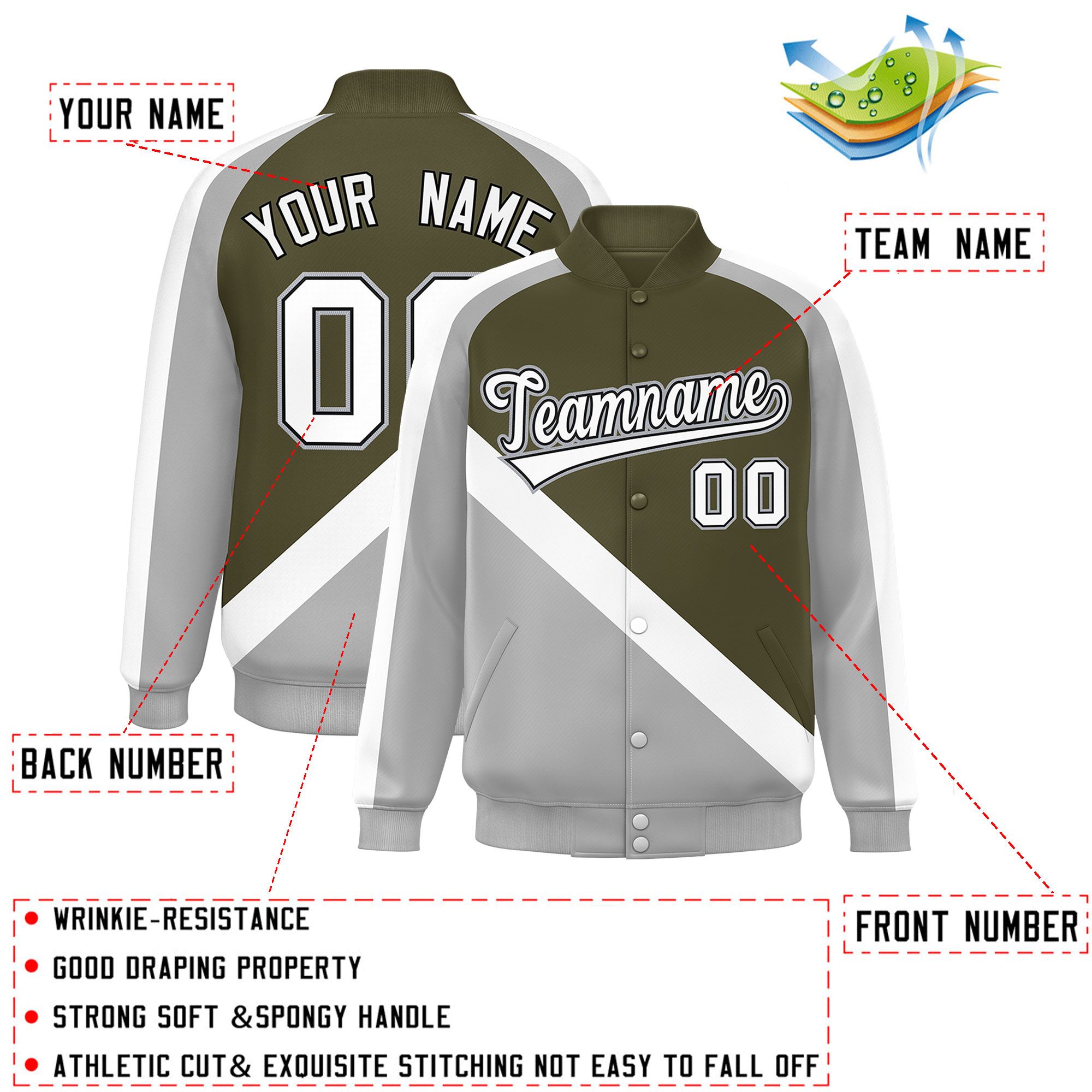 Custom Olive Gray Raglan Sleeves Varsity Full-Snap Letterman Baseball Jacket