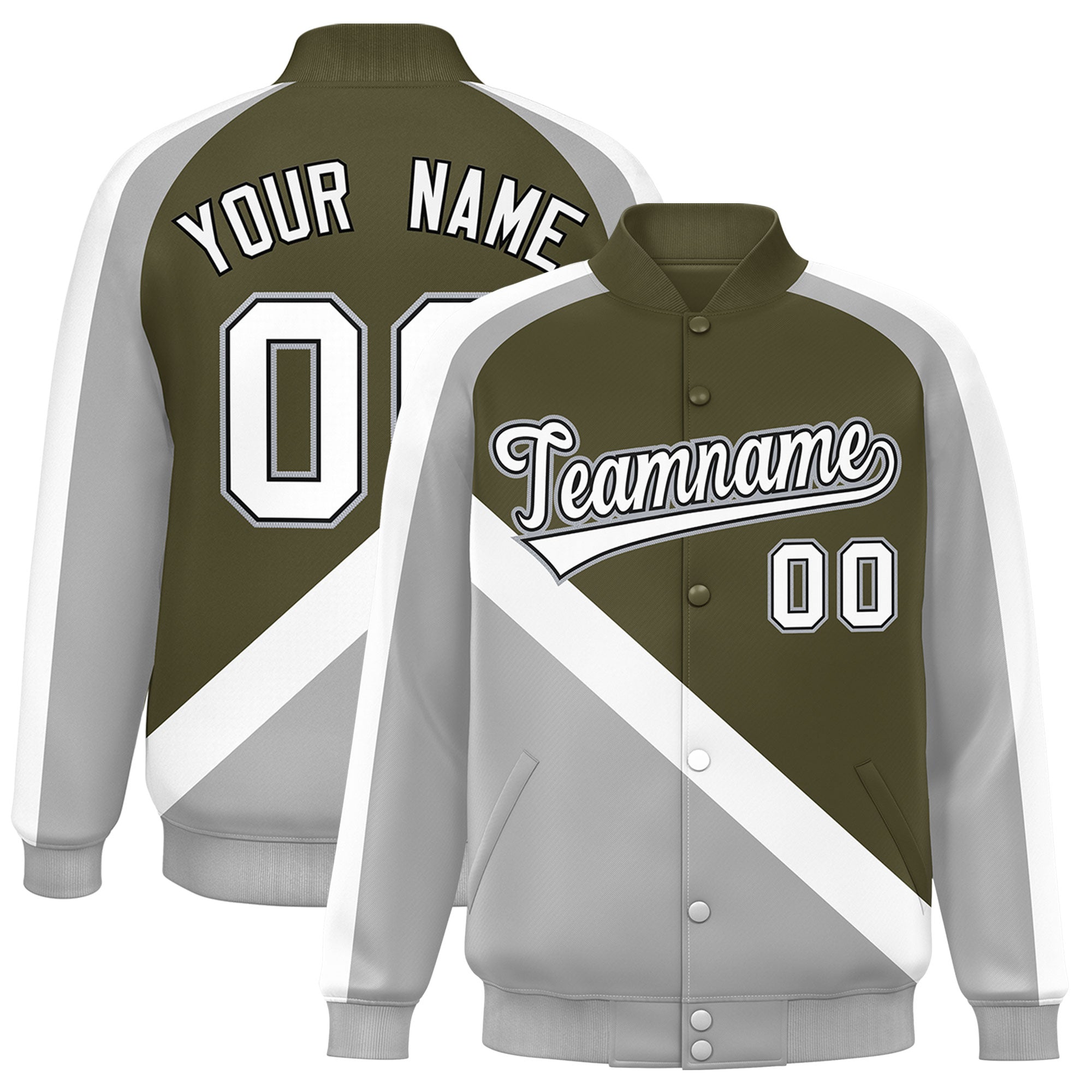 Custom Olive Gray Raglan Sleeves Varsity Full-Snap Letterman Baseball Jacket