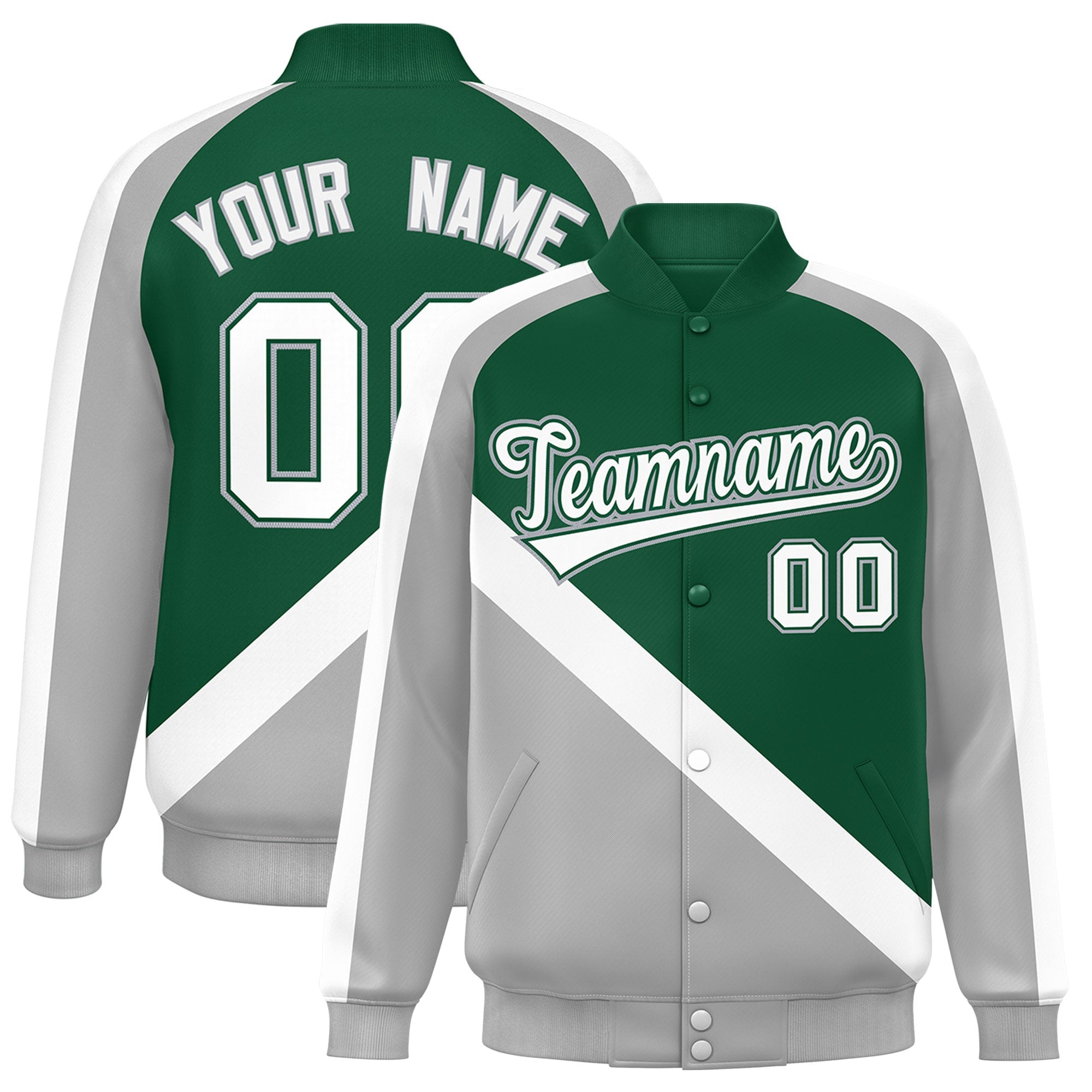 Custom Green Gray Raglan Sleeves Varsity Full-Snap Letterman Baseball Jacket