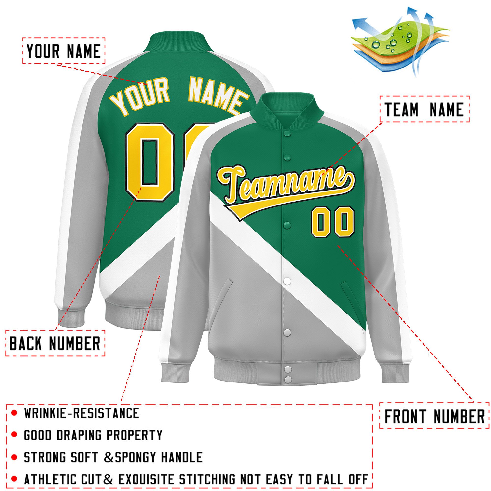 Custom Kelly Green Gray Raglan Sleeves Varsity Full-Snap Letterman Baseball Jacket