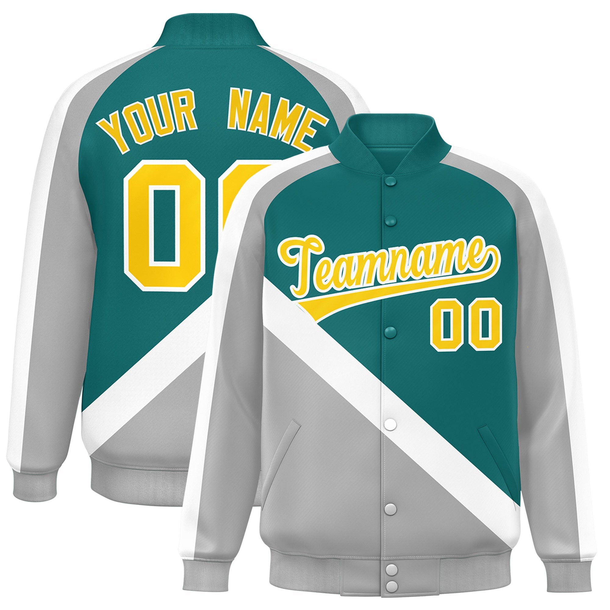 Custom Aqua Gray Raglan Sleeves Varsity Full-Snap Letterman Baseball Jacket