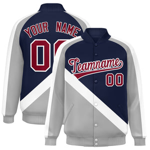 Custom Navy Gray Raglan Sleeves Varsity Full-Snap Letterman Baseball Jacket