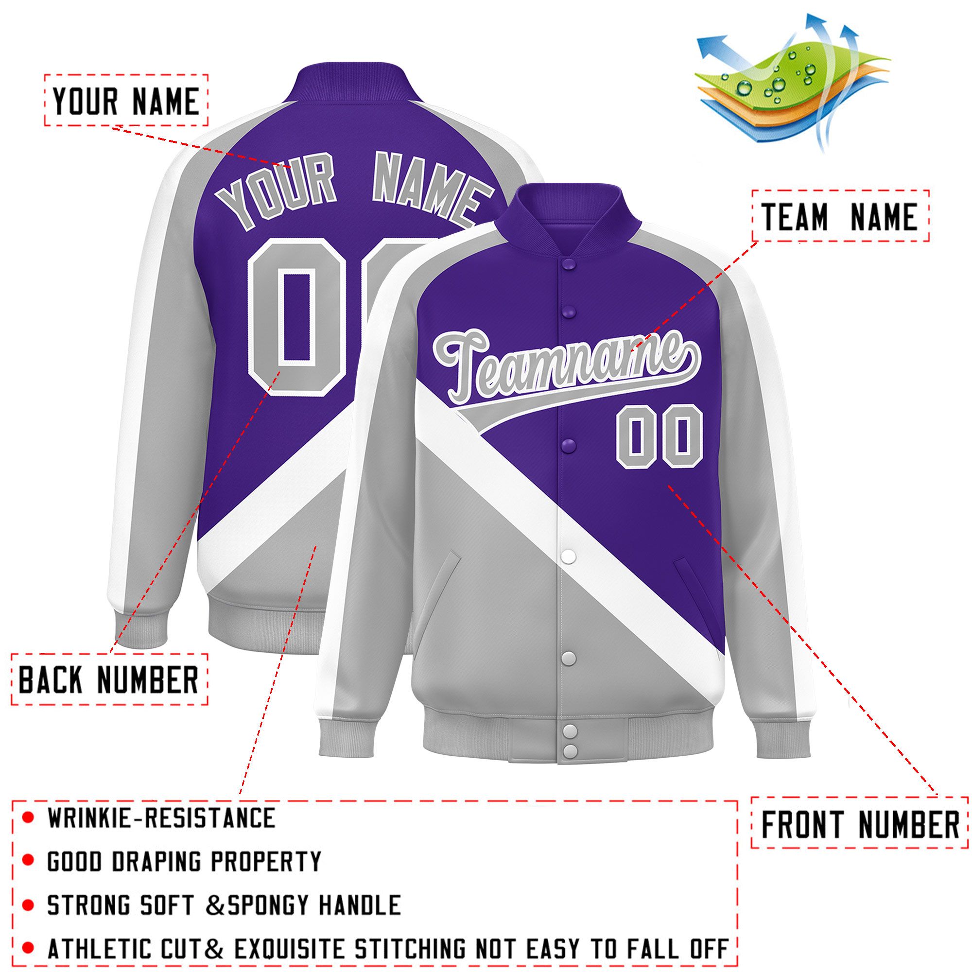 Custom Purple Gray Raglan Sleeves Varsity Full-Snap Letterman Baseball Jacket