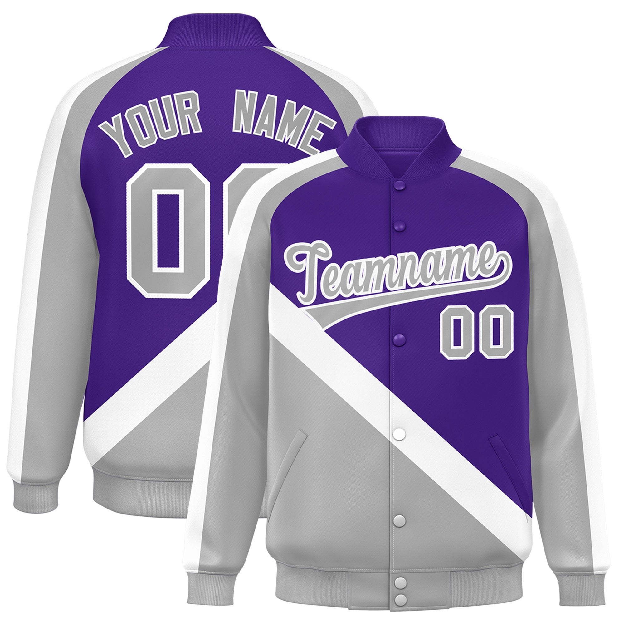 Custom Purple Gray Raglan Sleeves Varsity Full-Snap Letterman Baseball Jacket