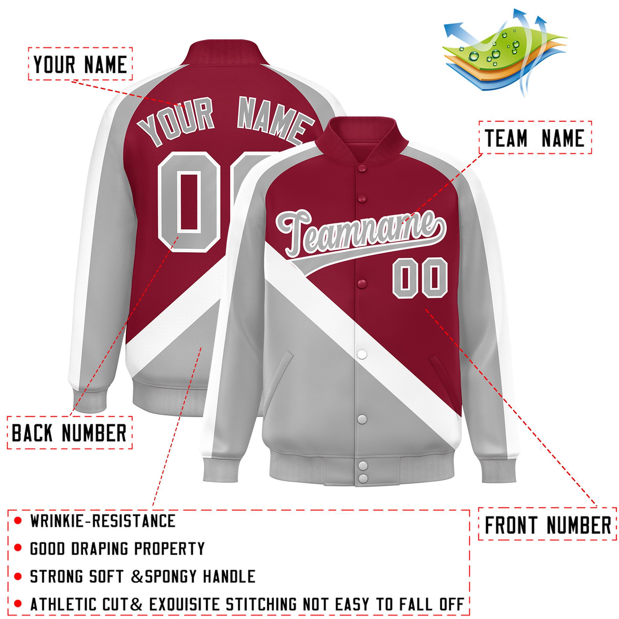 Custom Crimson Gray Raglan Sleeves Varsity Full-Snap Letterman Baseball Jacket