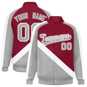 Custom Crimson Gray Raglan Sleeves Varsity Full-Snap Letterman Baseball Jacket