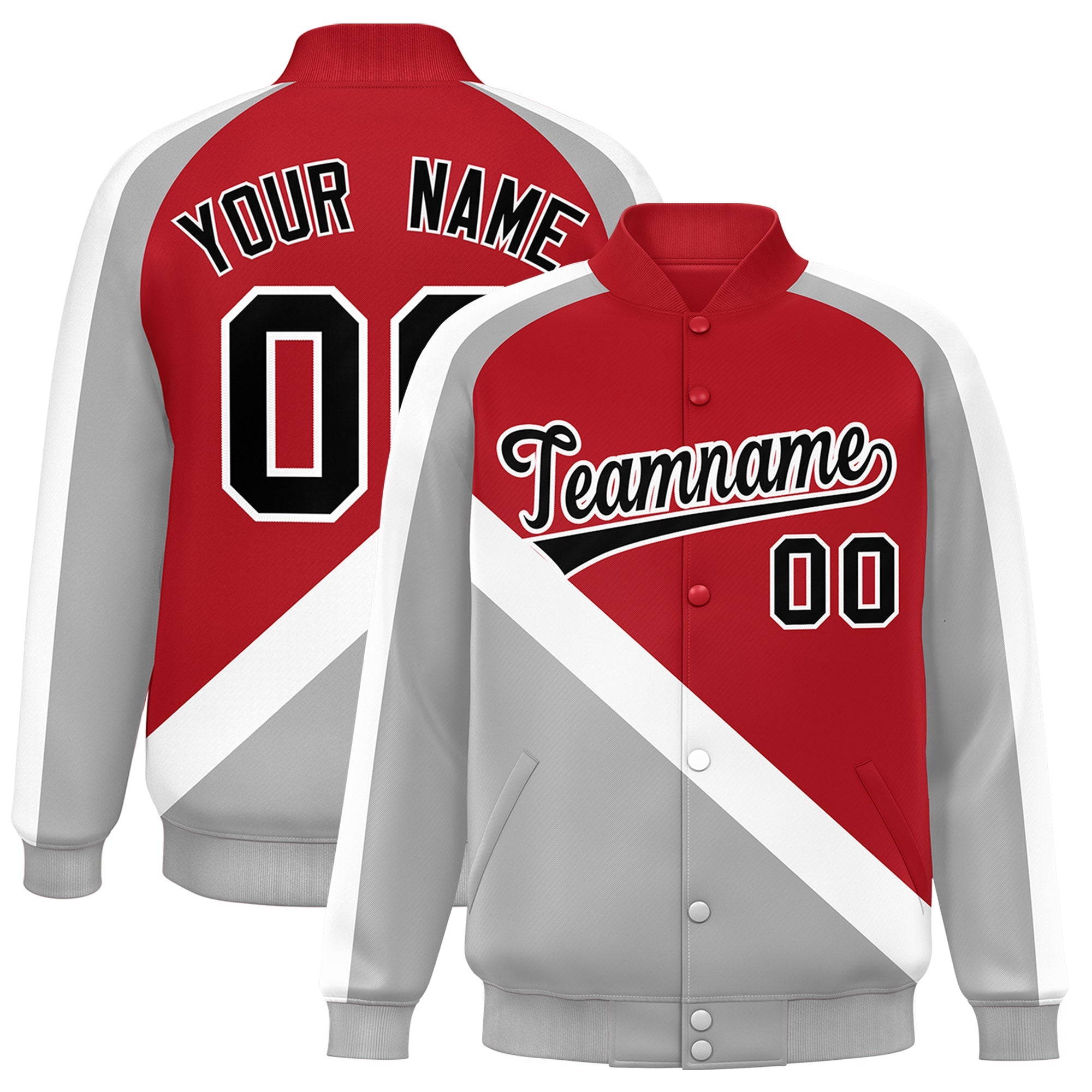 Custom Red Gray Raglan Sleeves Varsity Full-Snap Letterman Baseball Jacket