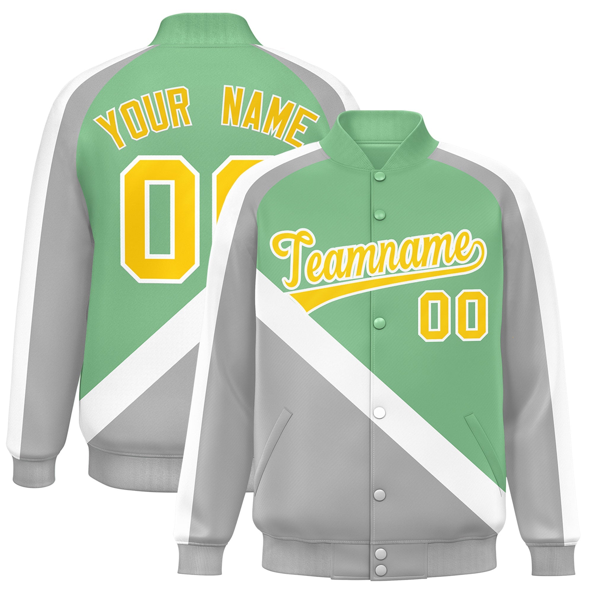 Custom Green Gray Raglan Sleeves Varsity Full-Snap Letterman Baseball Jacket