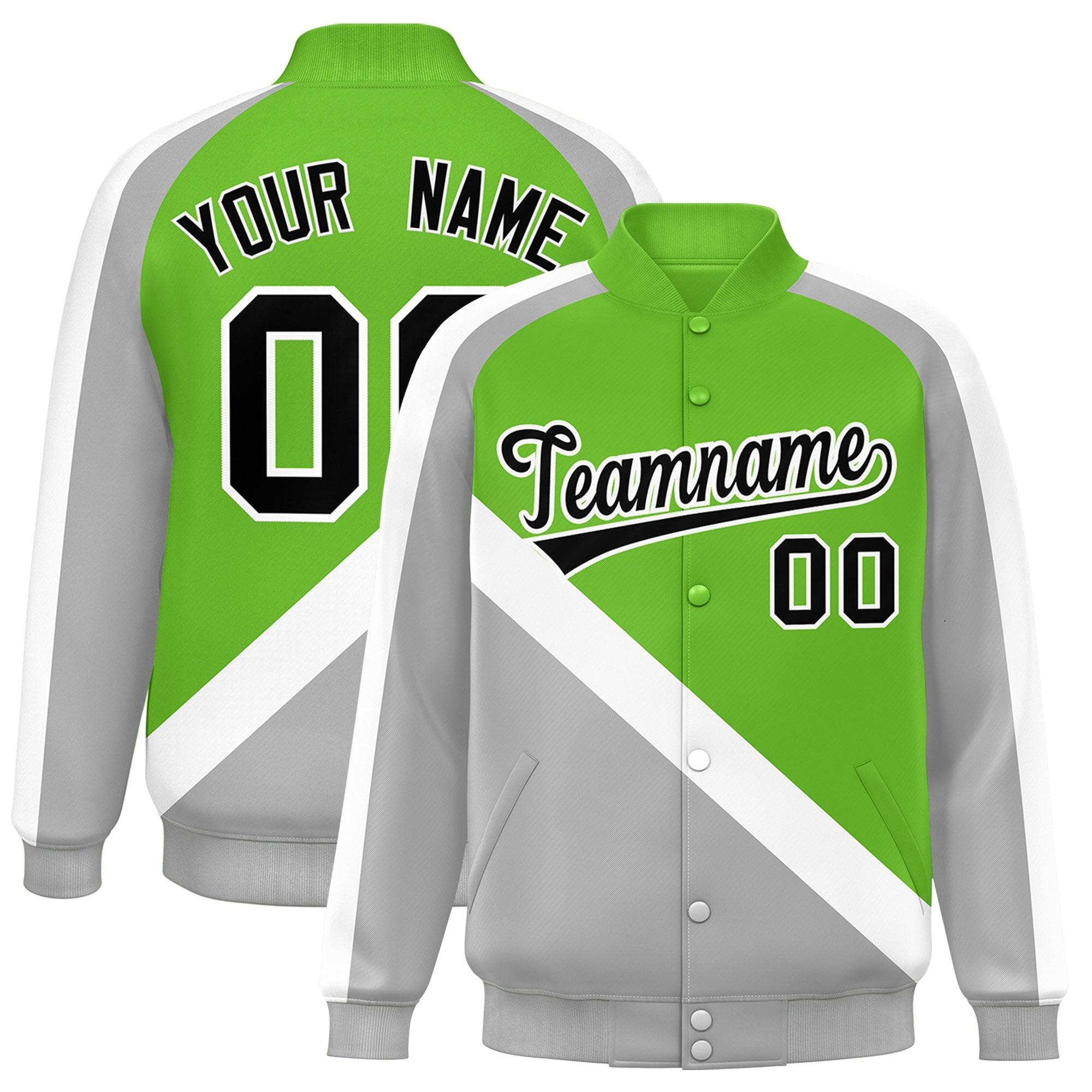 Custom Green Gray Raglan Sleeves Varsity Full-Snap Letterman Baseball Jacket