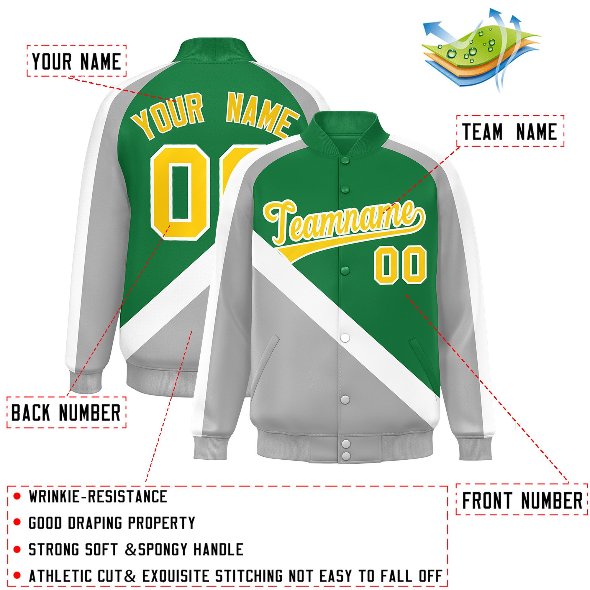 Custom Kelly Green Gray Raglan Sleeves Varsity Full-Snap Letterman Baseball Jacket