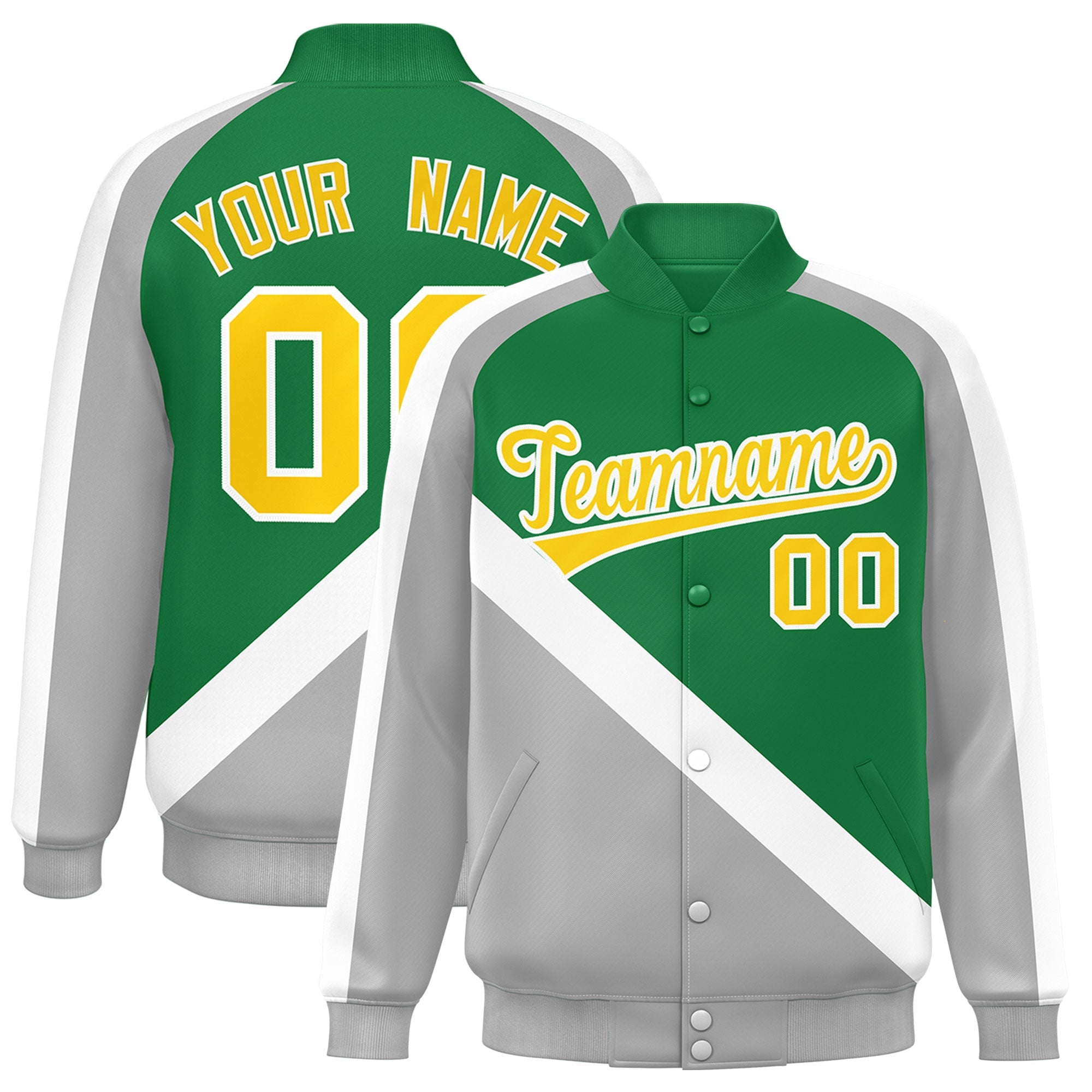 Custom Kelly Green Gray Raglan Sleeves Varsity Full-Snap Letterman Baseball Jacket