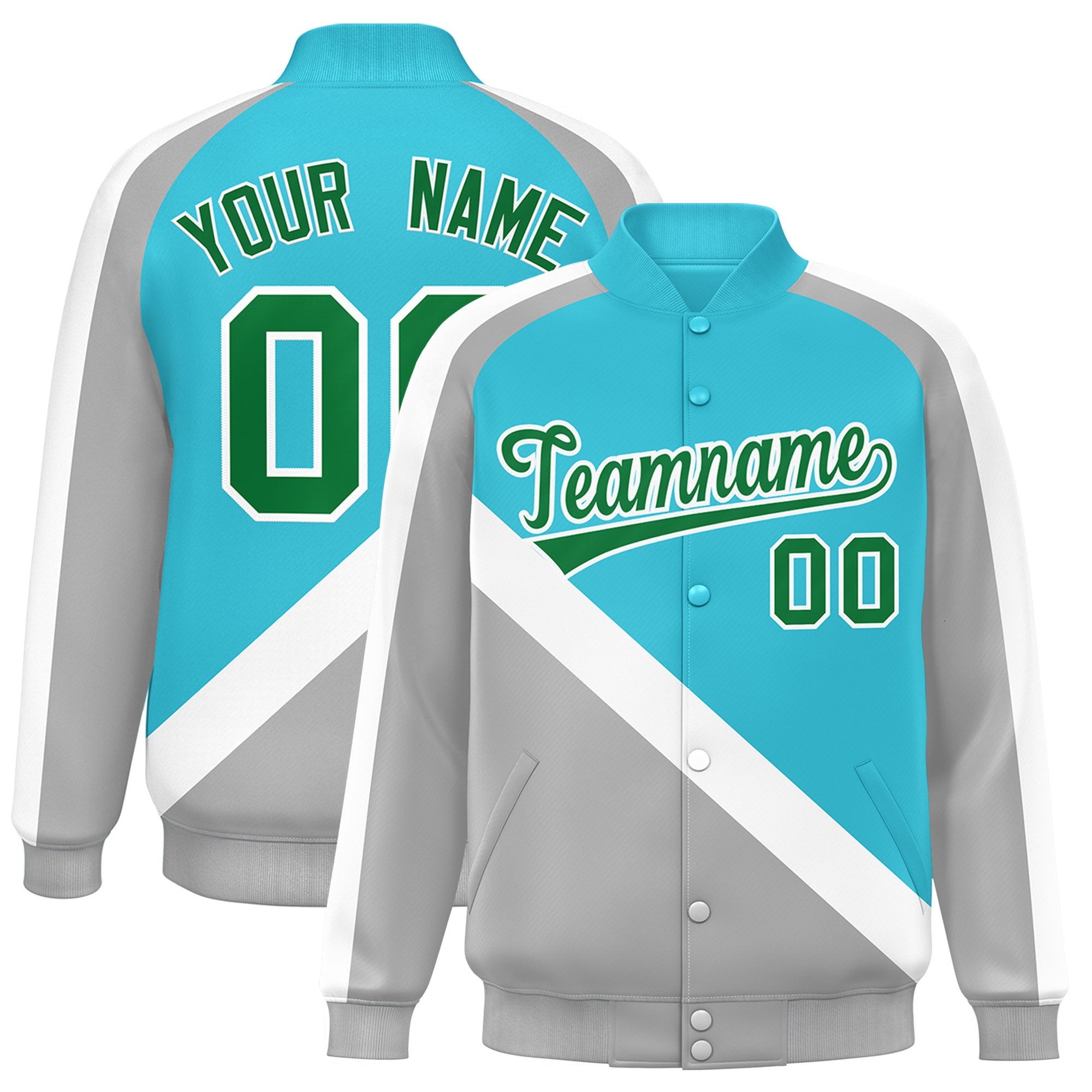 Custom Sky Blue Gray Raglan Sleeves Varsity Full-Snap Letterman Baseball Jacket