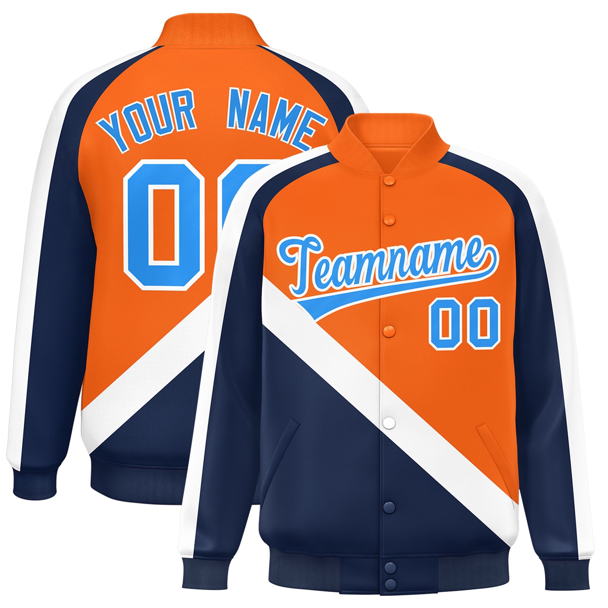 Custom Orange Navy Raglan Sleeves Varsity Full-Snap Letterman Baseball Jacket