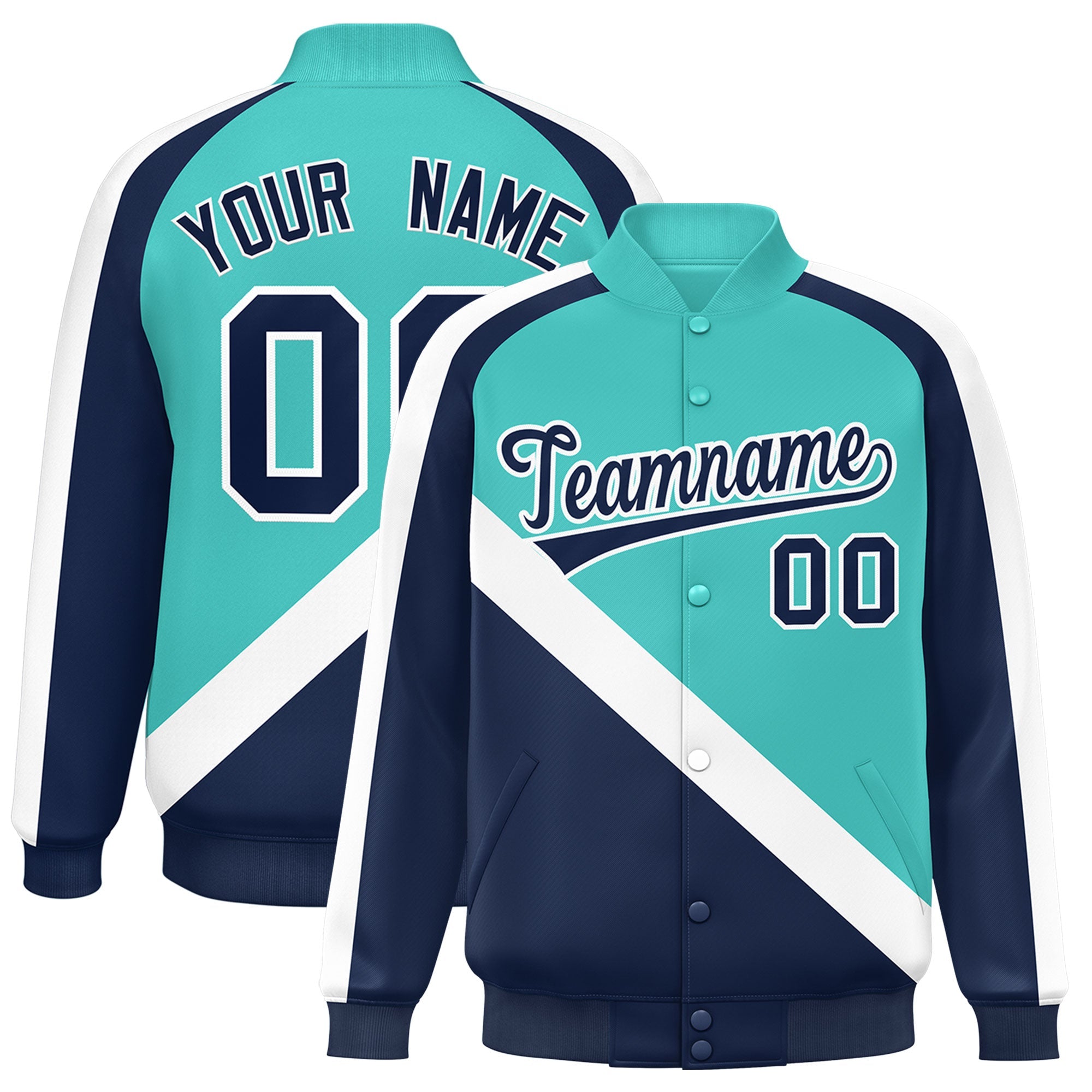 Custom Bright Green Navy Raglan Sleeves Varsity Full-Snap Letterman Baseball Jacket