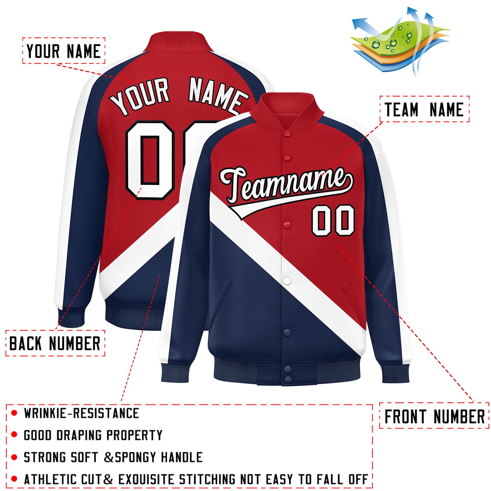 Custom Red Navy Raglan Sleeves Varsity Full-Snap Letterman Baseball Jacket