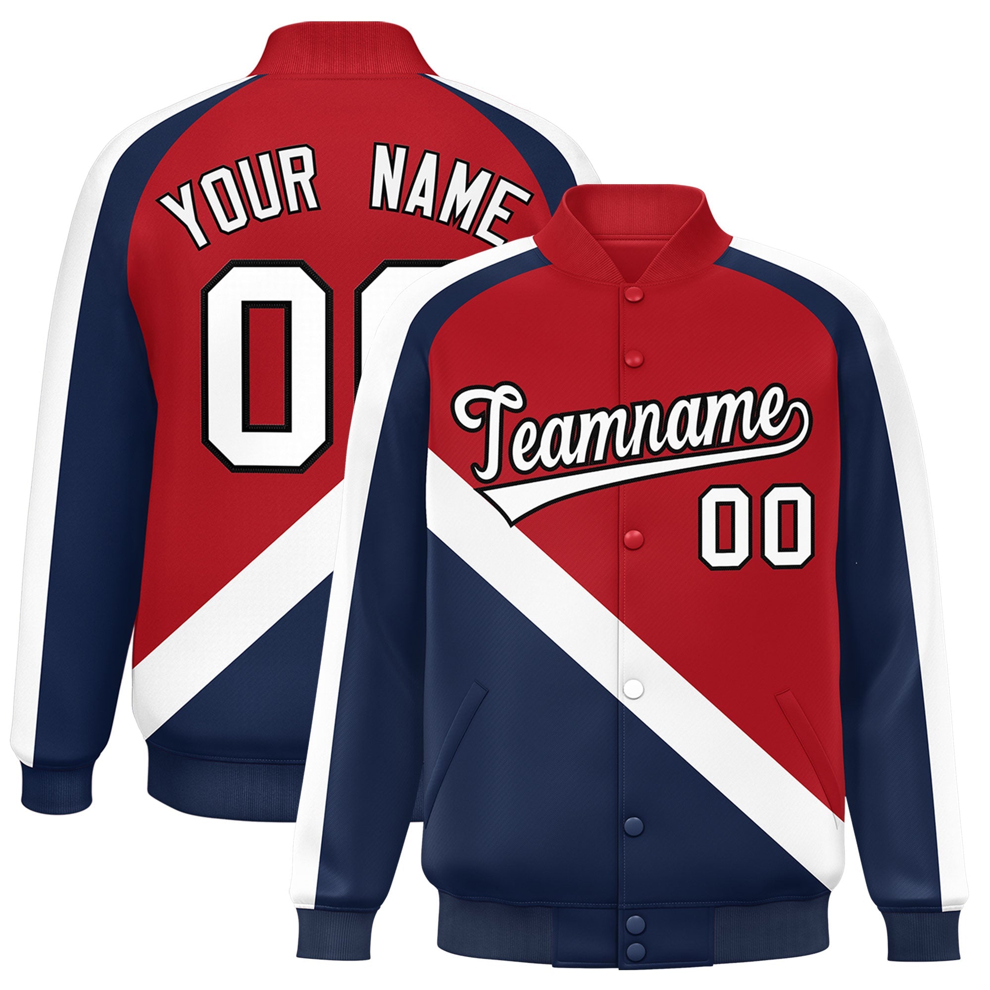 Custom Red Navy Raglan Sleeves Varsity Full-Snap Letterman Baseball Jacket