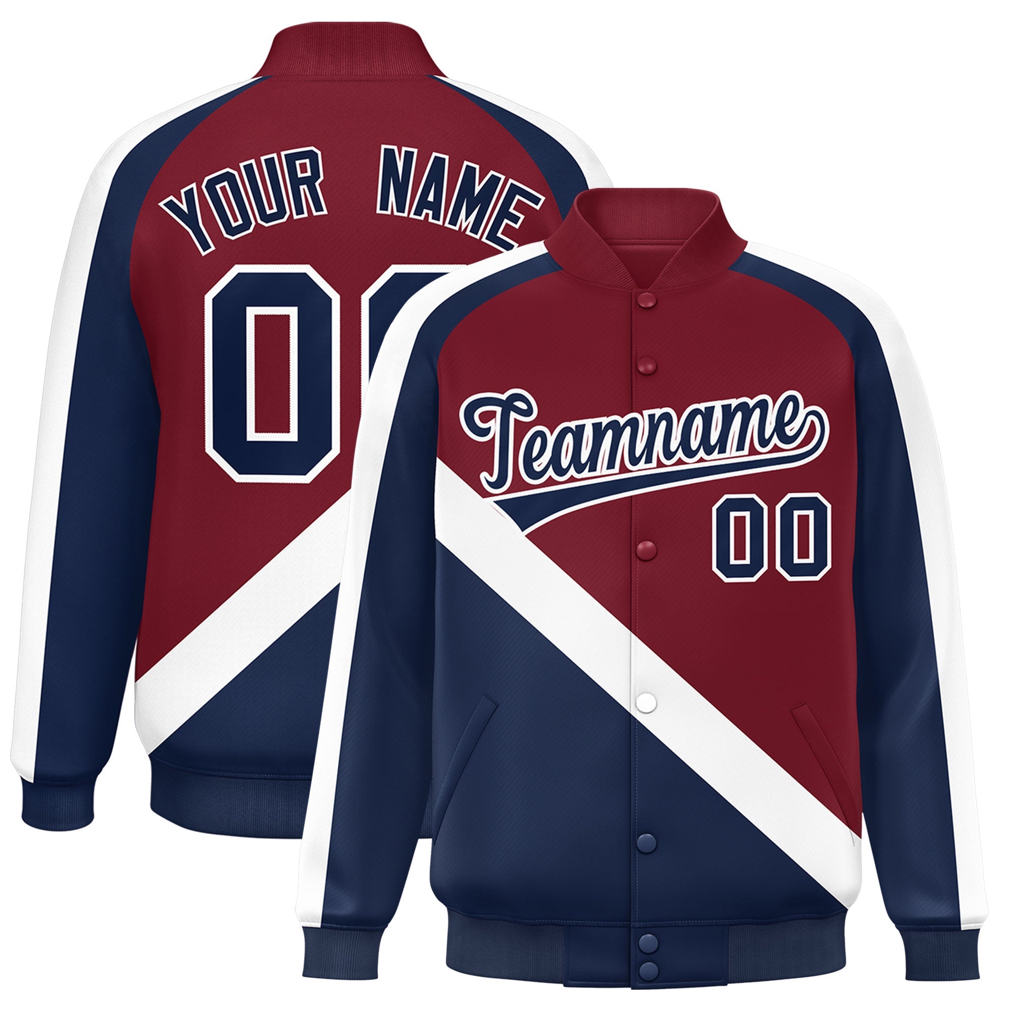 Custom Crimson Navy Raglan Sleeves Varsity Full-Snap Letterman Baseball Jacket