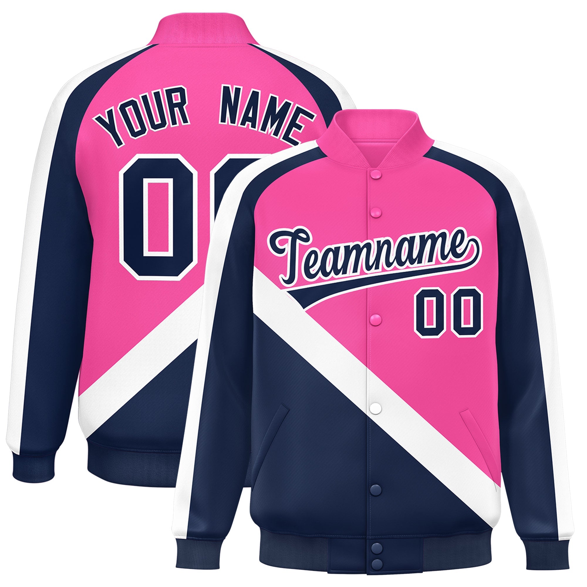 Custom Pink Navy Raglan Sleeves Varsity Full-Snap Letterman Baseball Jacket