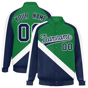 Custom Kelly Green Navy Raglan Sleeves Varsity Full-Snap Letterman Baseball Jacket