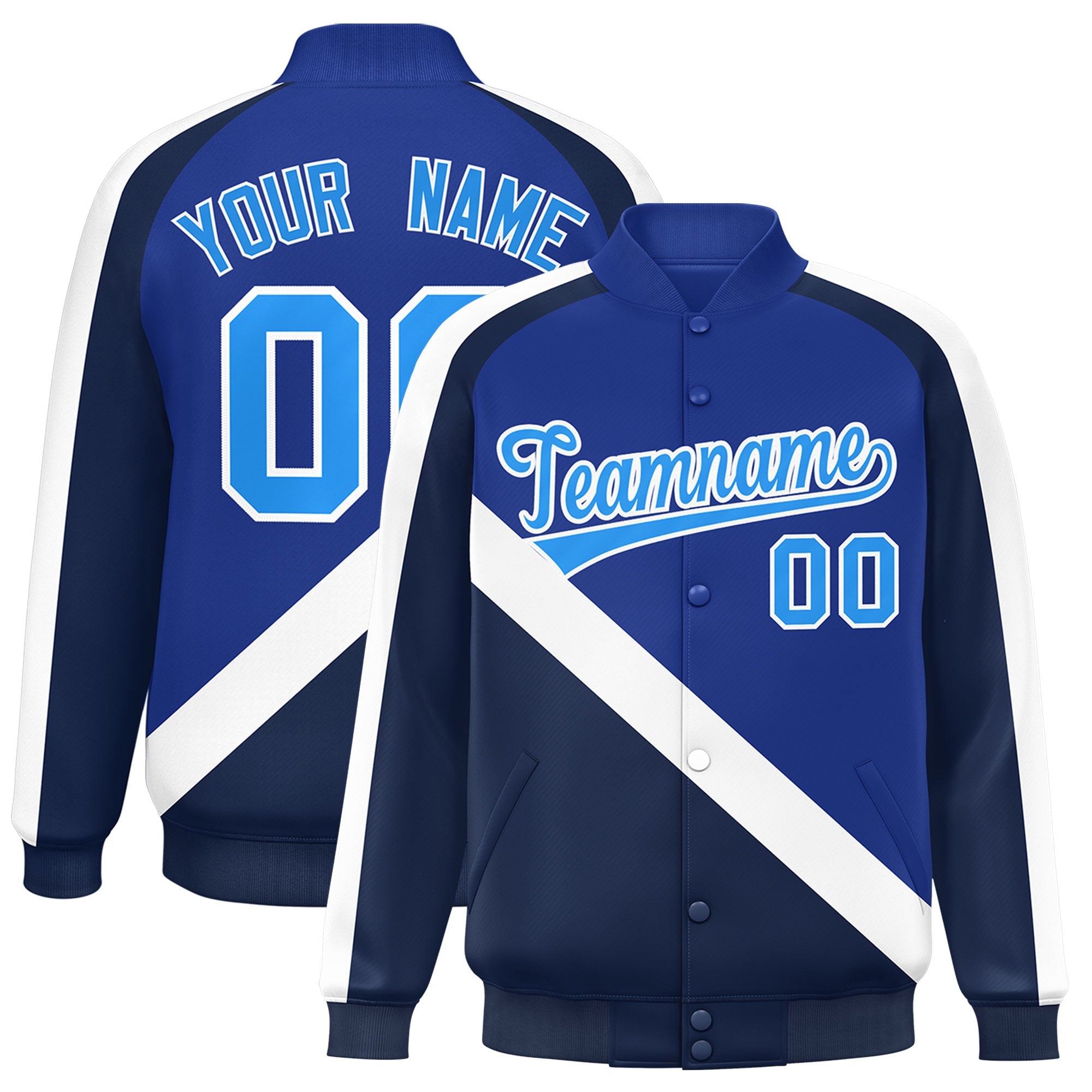 Custom Royal Navy Raglan Sleeves Varsity Full-Snap Letterman Baseball Jacket