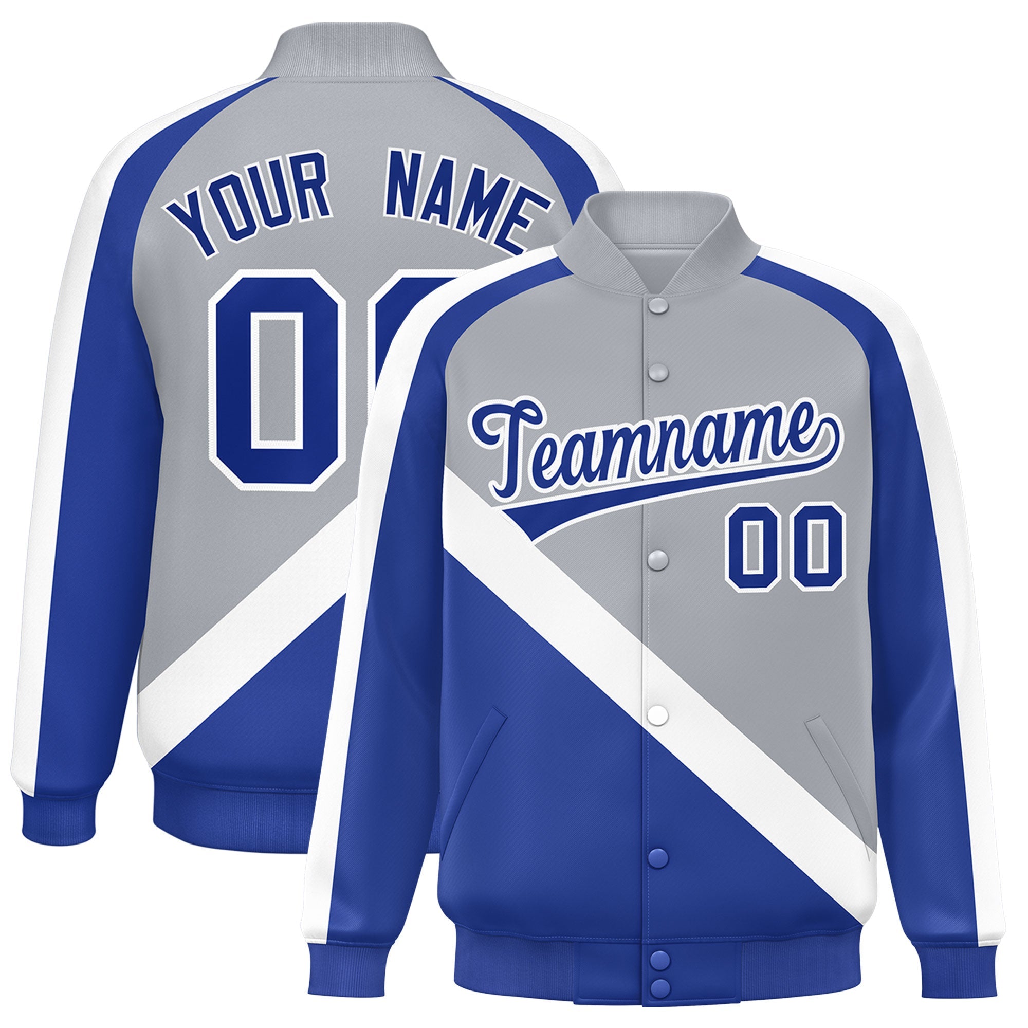 Custom Gray Royal Raglan Sleeves Varsity Full-Snap Letterman Baseball Jacket