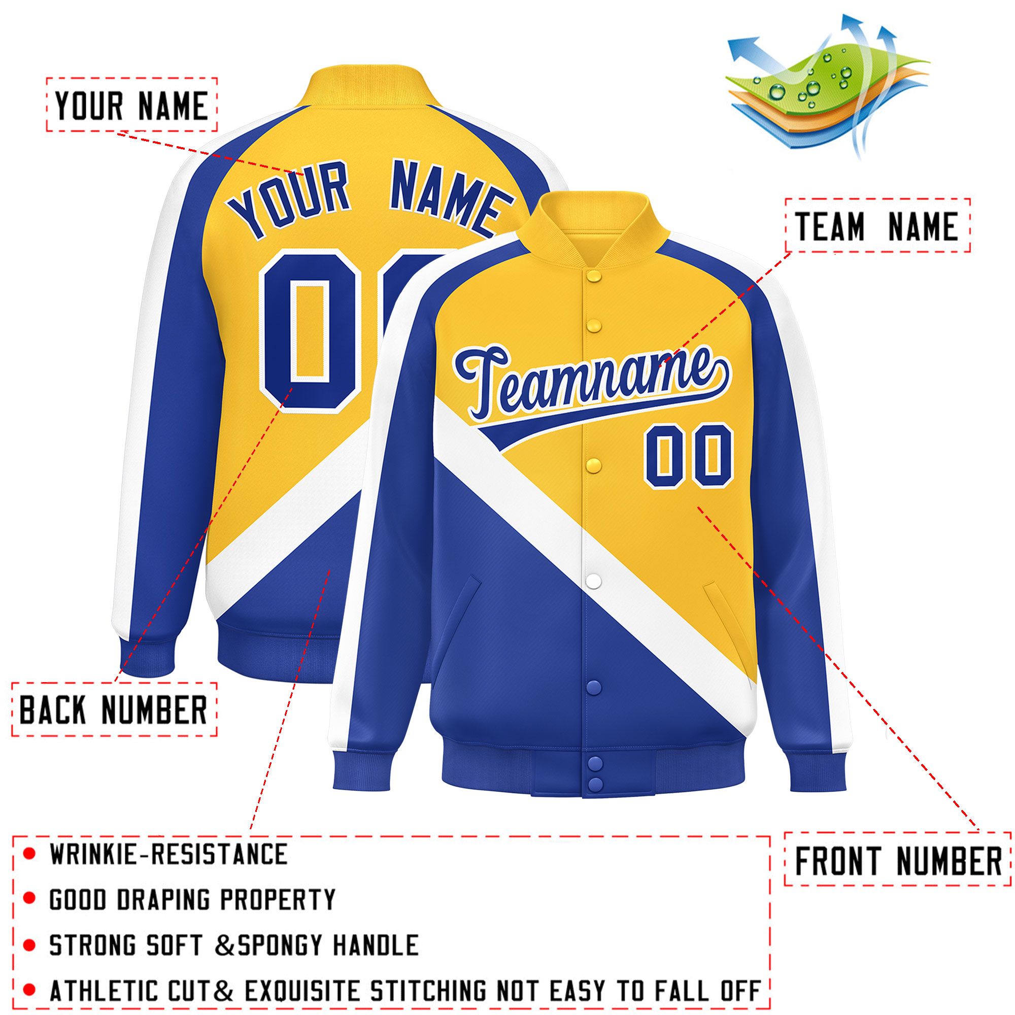 Custom Gold Royal Raglan Sleeves Varsity Full-Snap Letterman Baseball Jacket