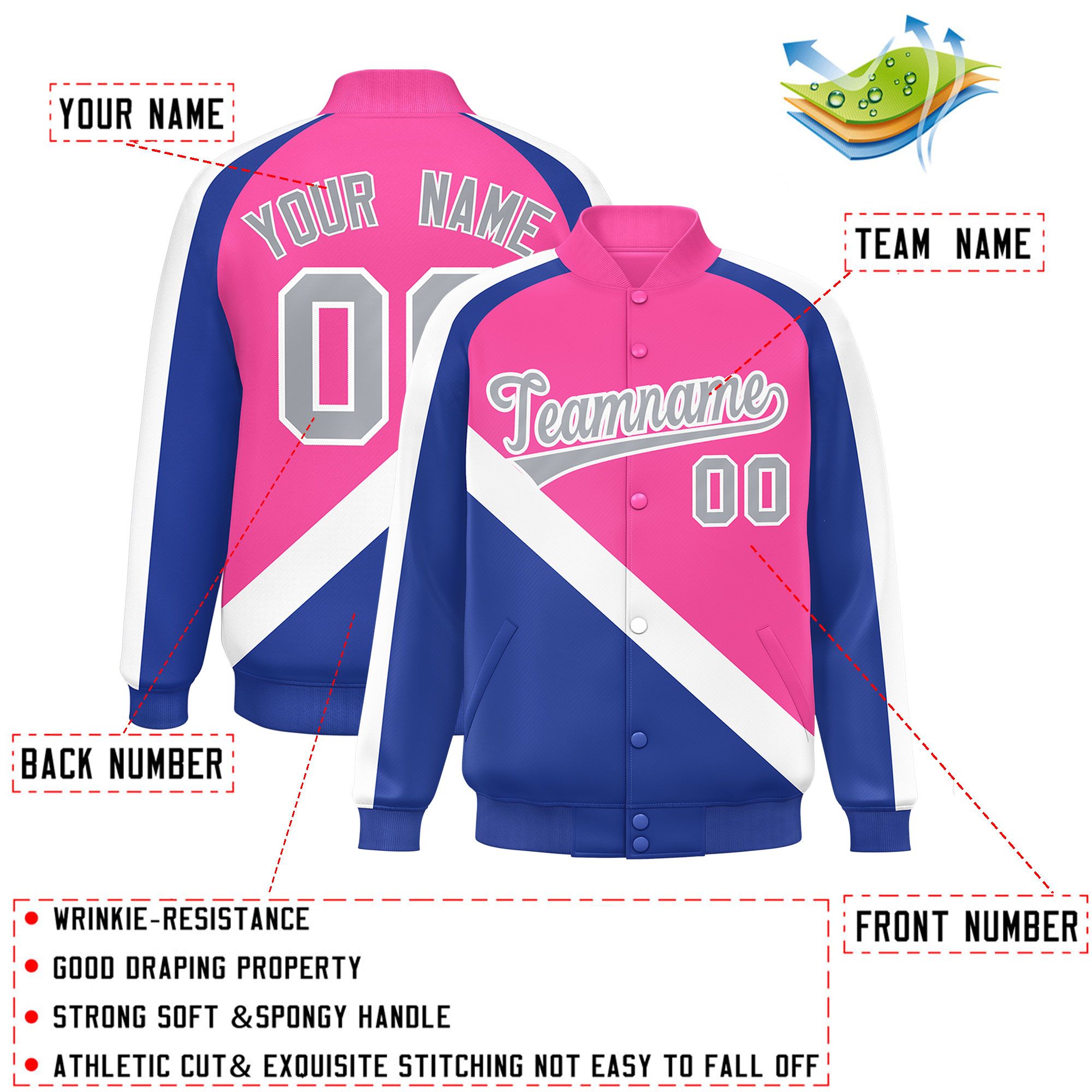 Custom Pink Royal Raglan Sleeves Varsity Full-Snap Letterman Baseball Jacket