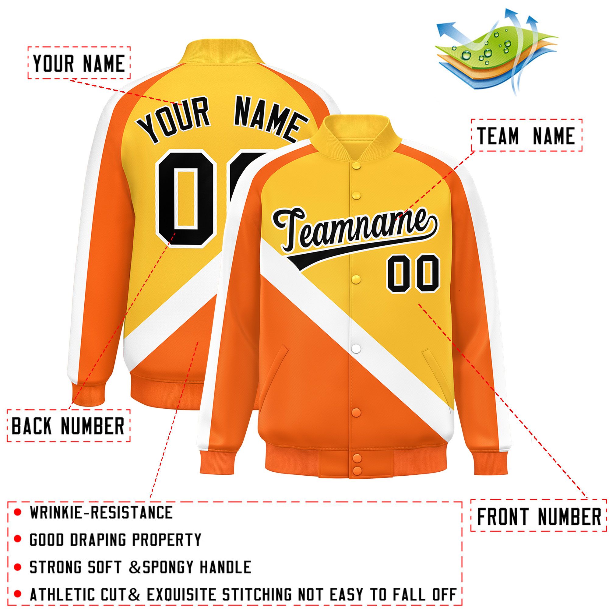 Custom Gold Orange Raglan Sleeves Varsity Full-Snap Letterman Baseball Jacket