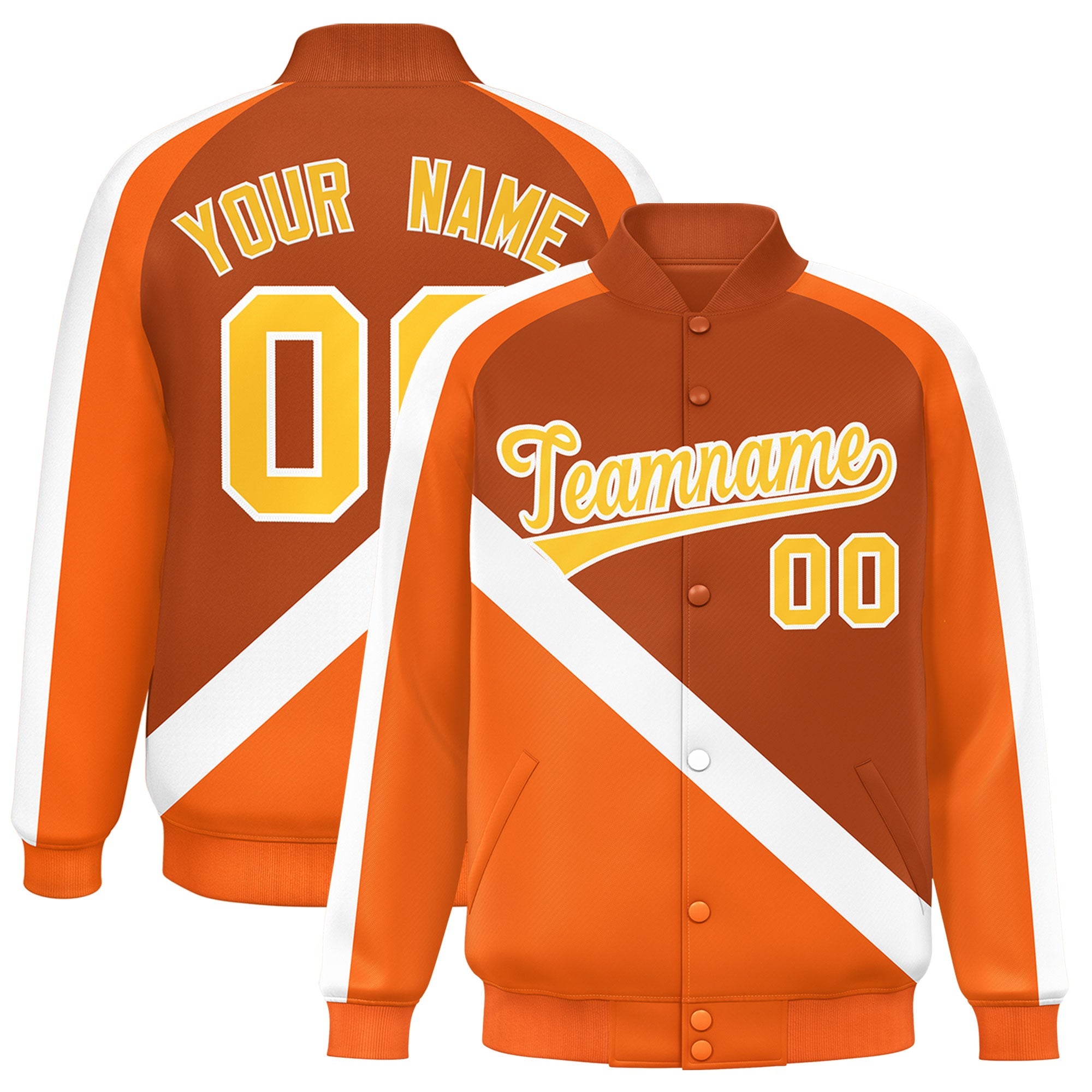 Custom Texas Orange Orange Raglan Sleeves Varsity Full-Snap Letterman Baseball Jacket