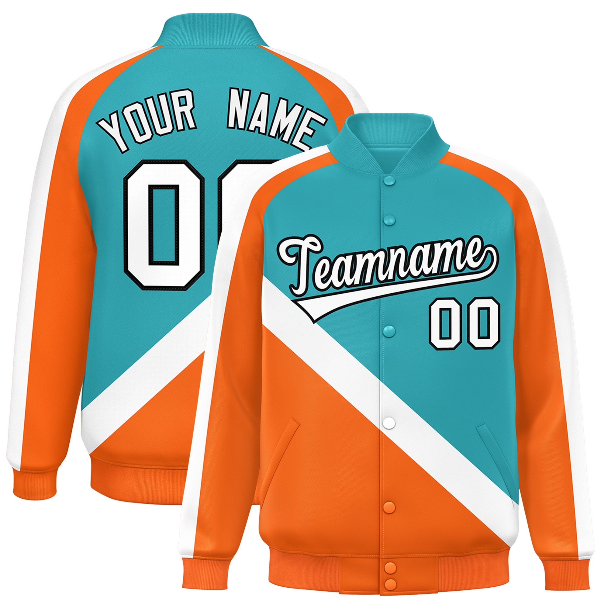 Custom Aqua Orange Raglan Sleeves Varsity Full-Snap Letterman Baseball Jacket