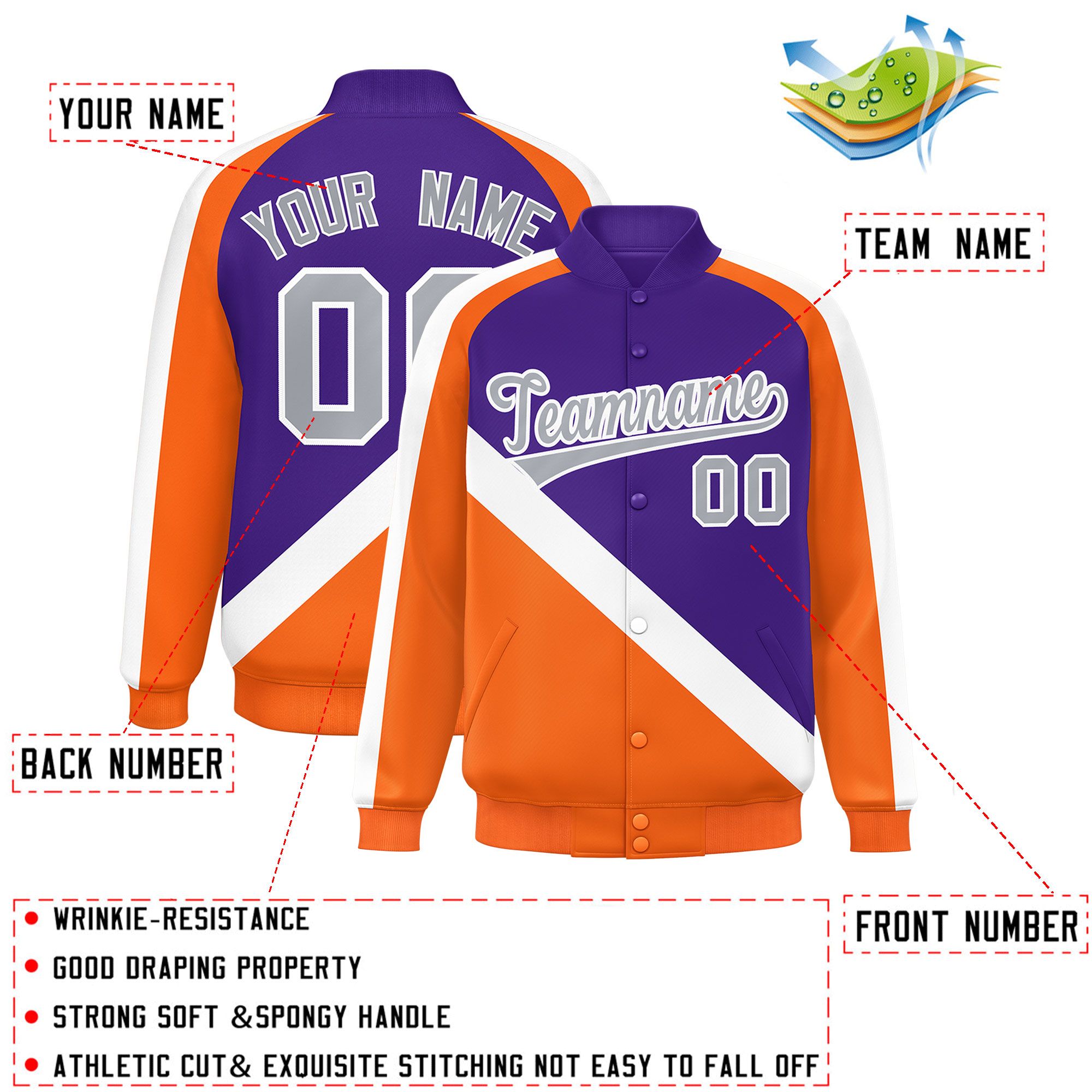 Custom Purple Orange Raglan Sleeves Varsity Full-Snap Letterman Baseball Jacket