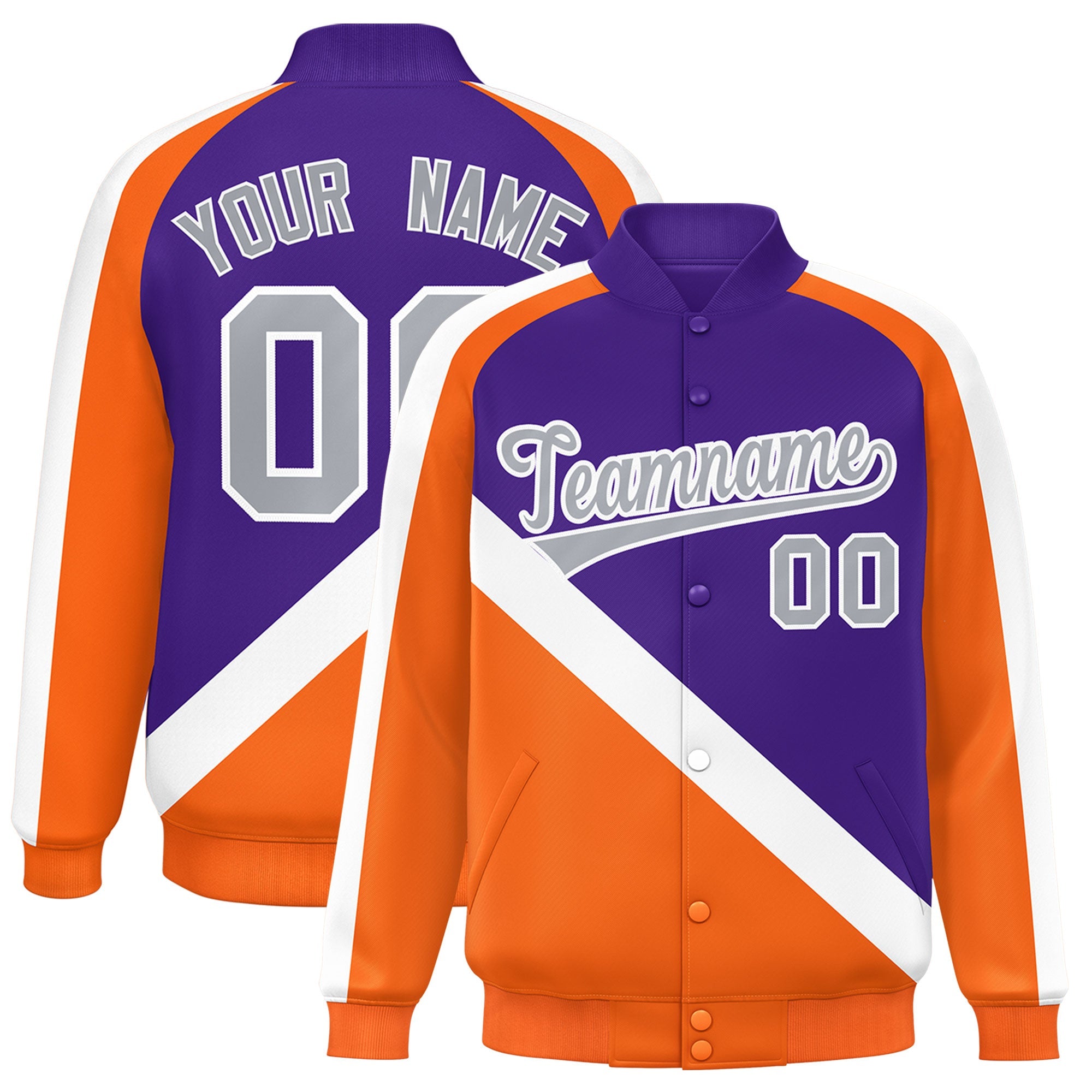 Custom Purple Orange Raglan Sleeves Varsity Full-Snap Letterman Baseball Jacket