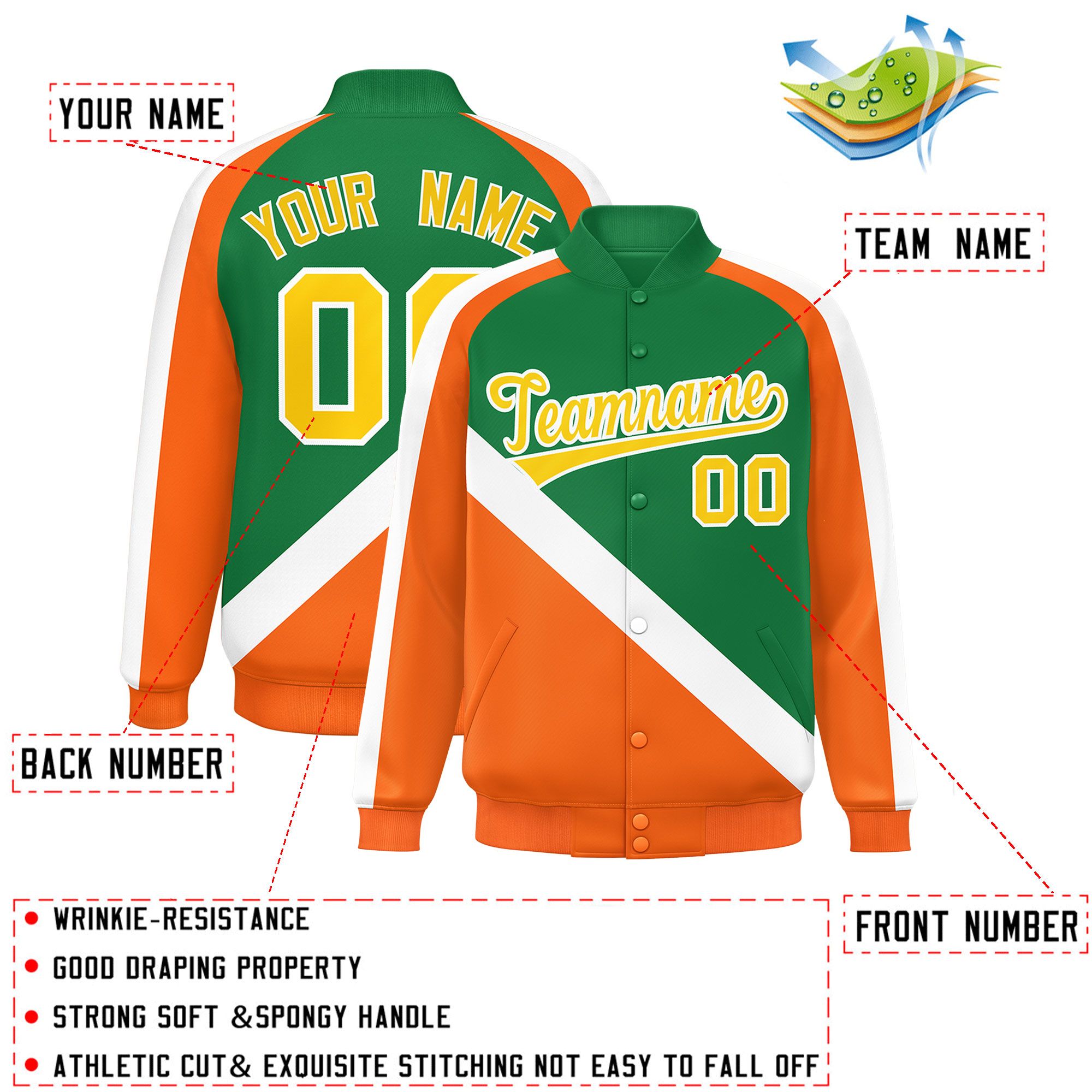 Custom Kelly Green Orange Raglan Sleeves Varsity Full-Snap Letterman Baseball Jacket