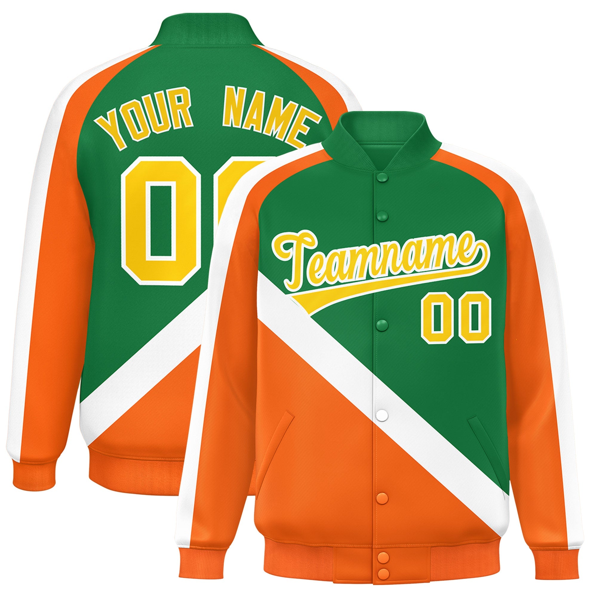 Custom Kelly Green Orange Raglan Sleeves Varsity Full-Snap Letterman Baseball Jacket