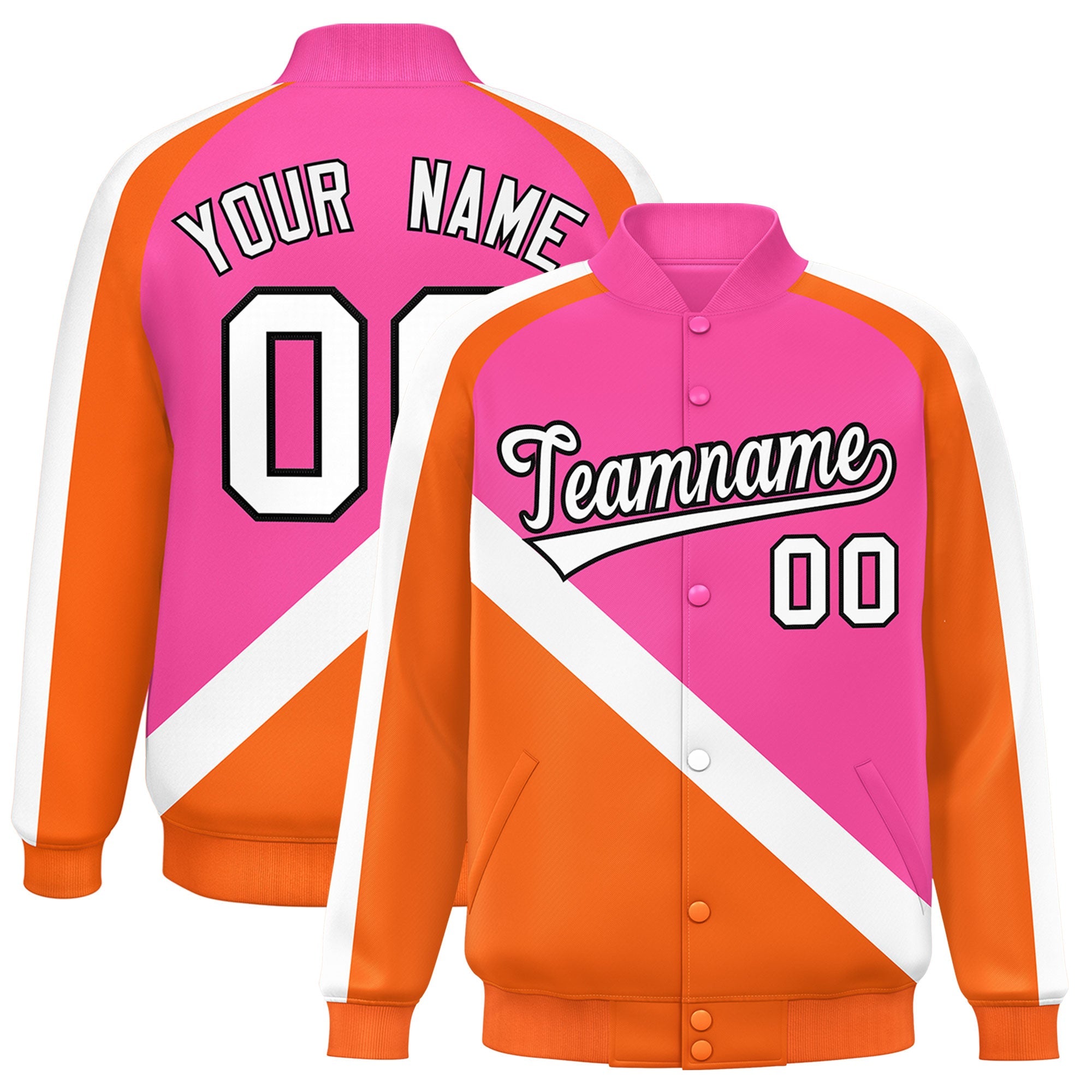 Custom Pink Orange Raglan Sleeves Varsity Full-Snap Letterman Baseball Jacket