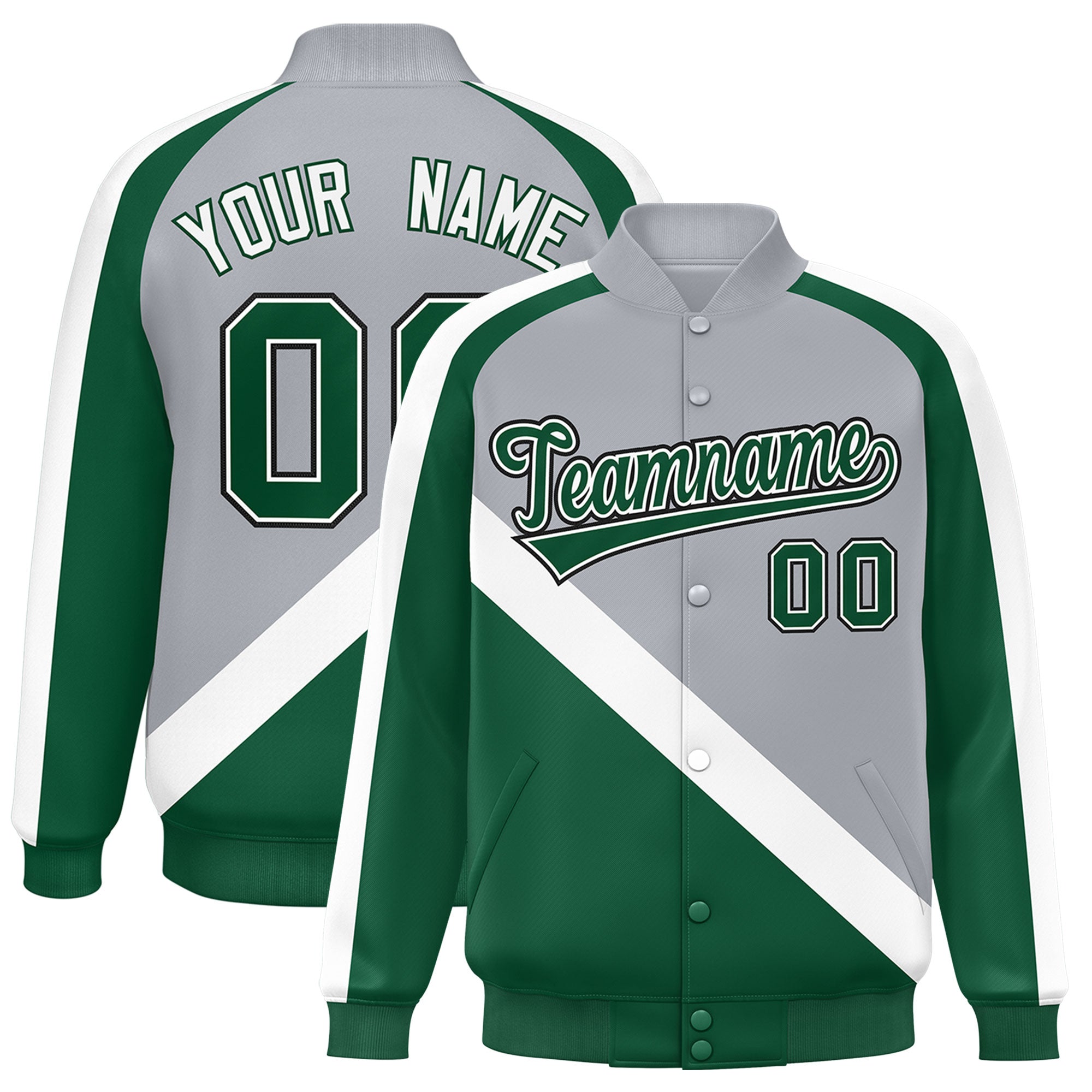 Custom Gray Green Raglan Sleeves Varsity Full-Snap Letterman Baseball Jacket