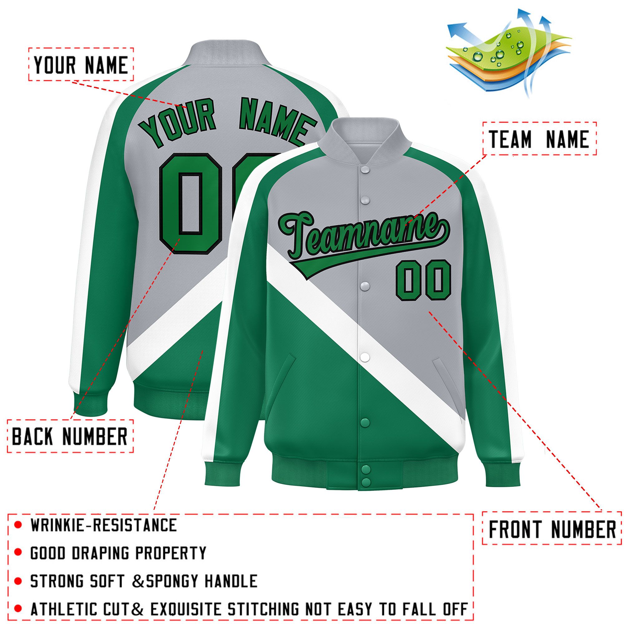 Custom Gray Kelly Green Raglan Sleeves Varsity Full-Snap Letterman Baseball Jacket