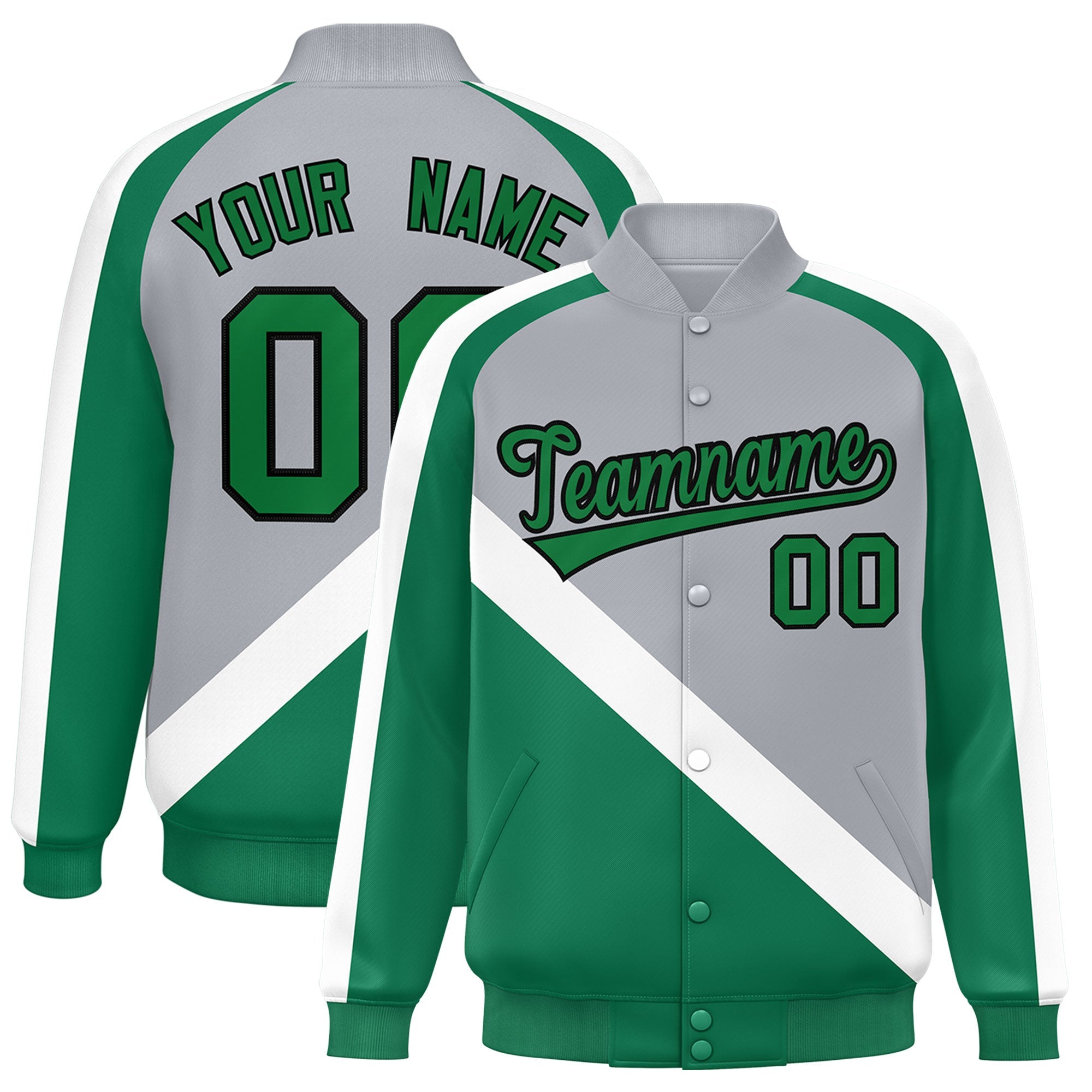 Custom Gray Kelly Green Raglan Sleeves Varsity Full-Snap Letterman Baseball Jacket