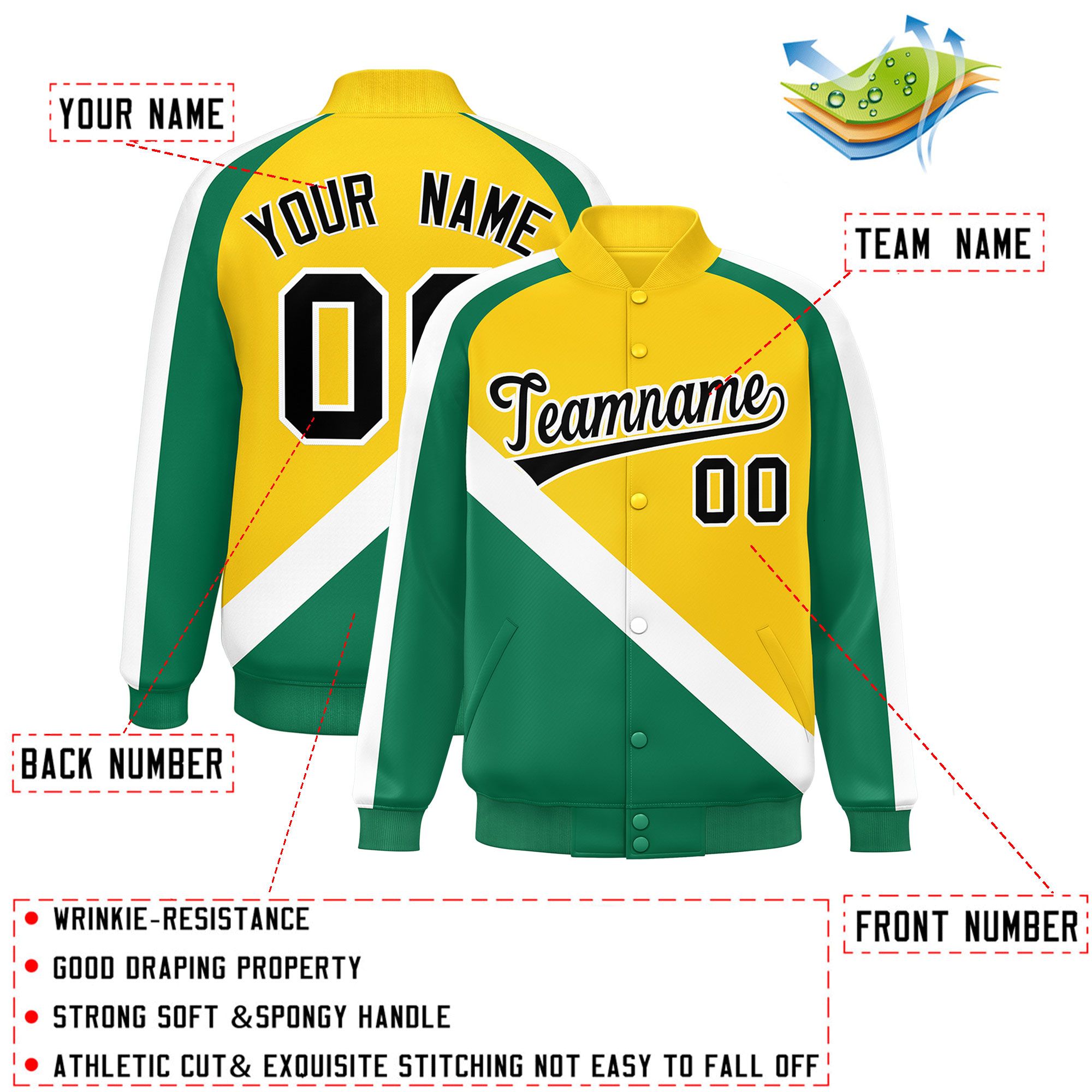 Custom Gold Kelly Green Raglan Sleeves Varsity Full-Snap Letterman Baseball Jacket